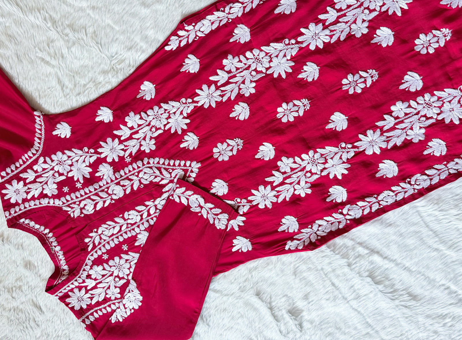 Noor Hot Pink Chanderi Chikankari Long Kurti