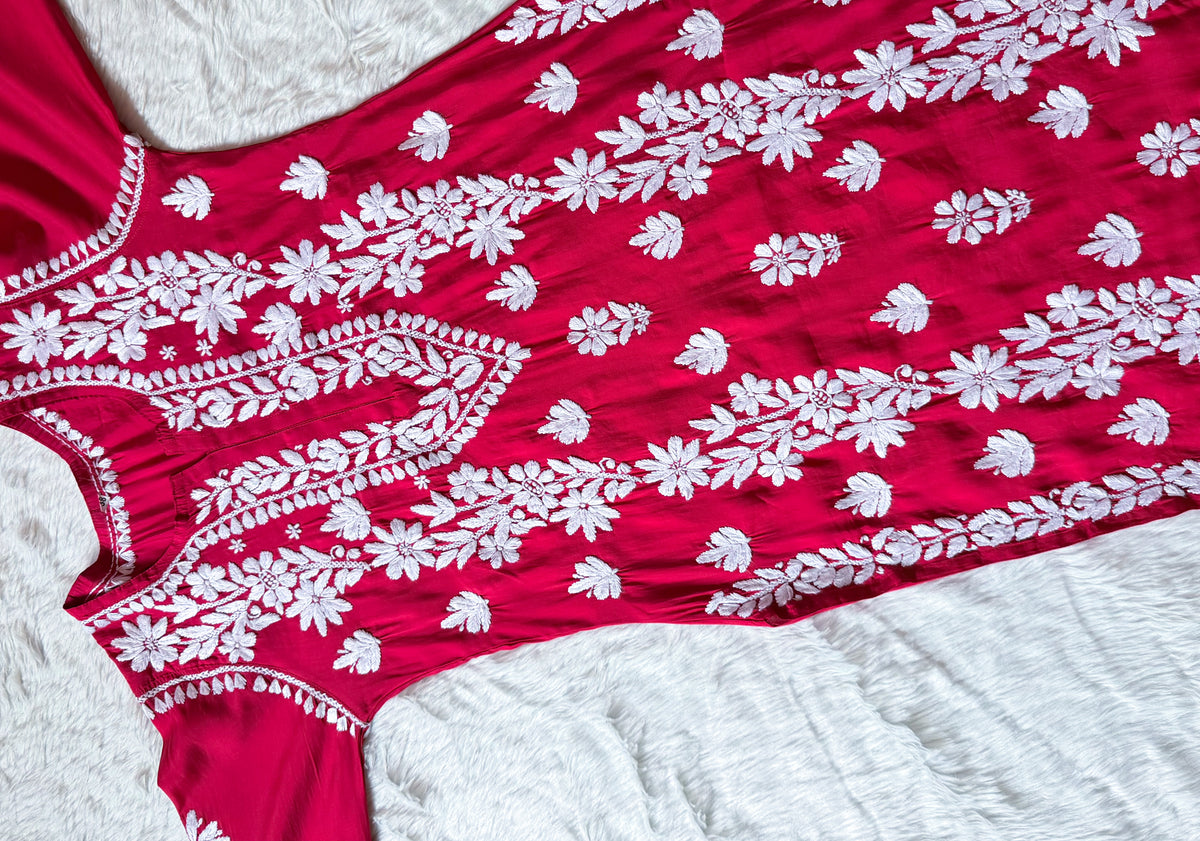 Noor Hot Pink Chanderi Chikankari Long Kurti
