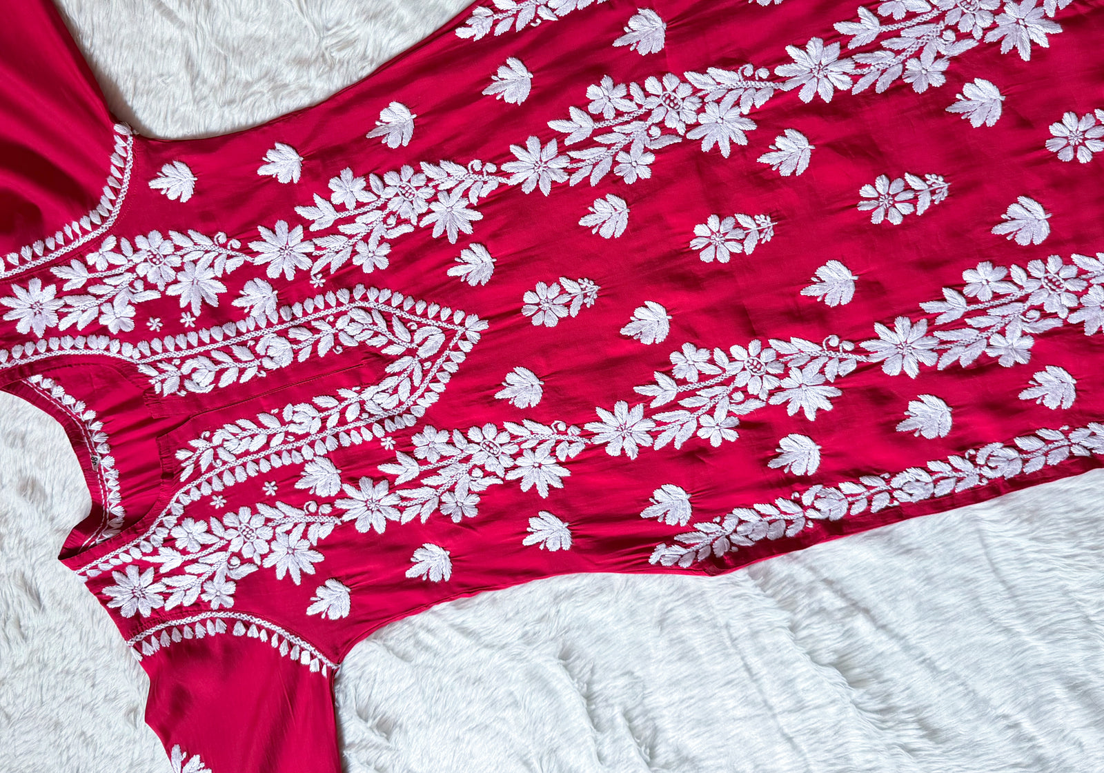 Noor Hot Pink Chanderi Chikankari Long Kurti