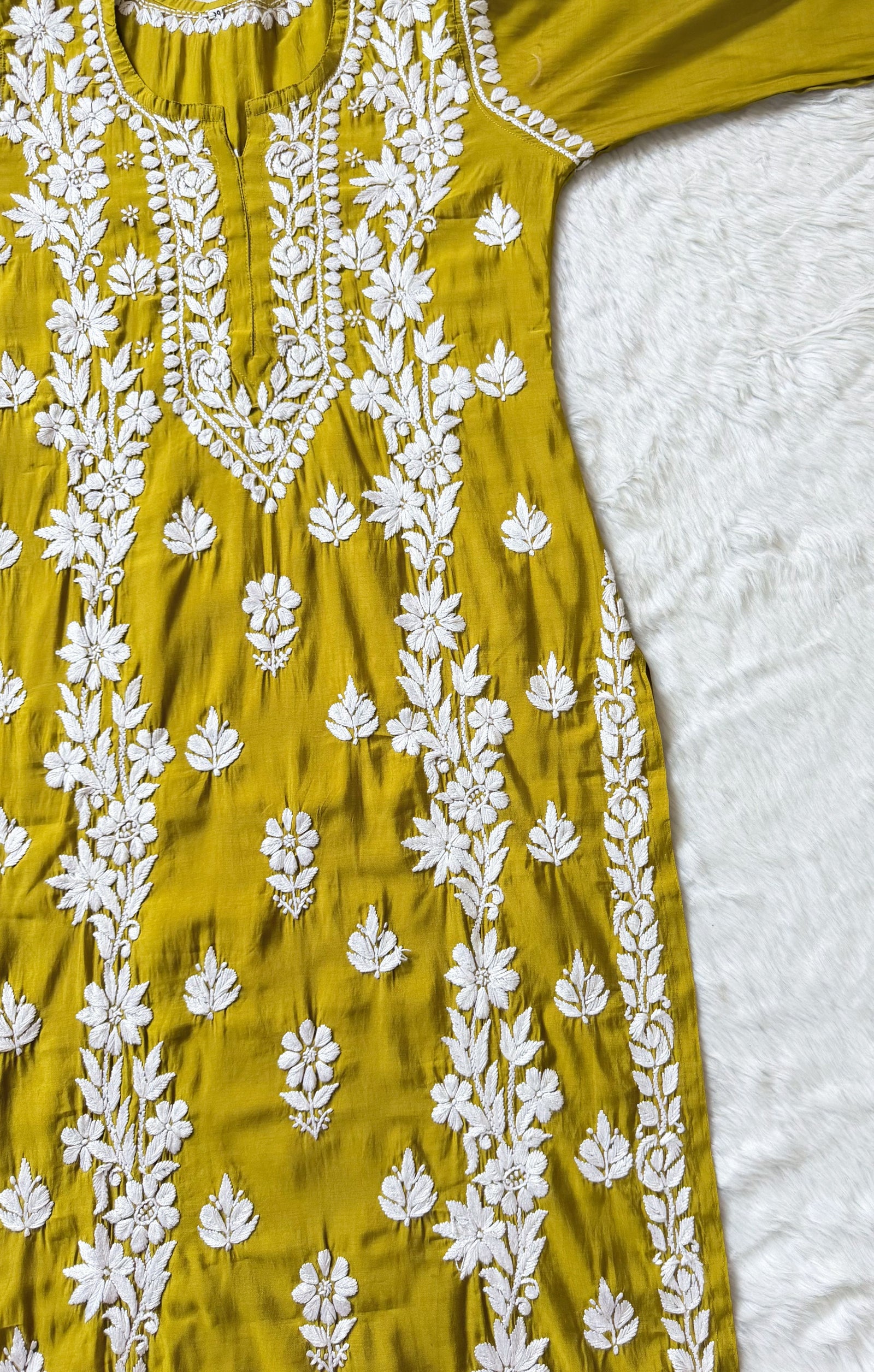Noor Lime Chanderi Chikankari Long Kurti