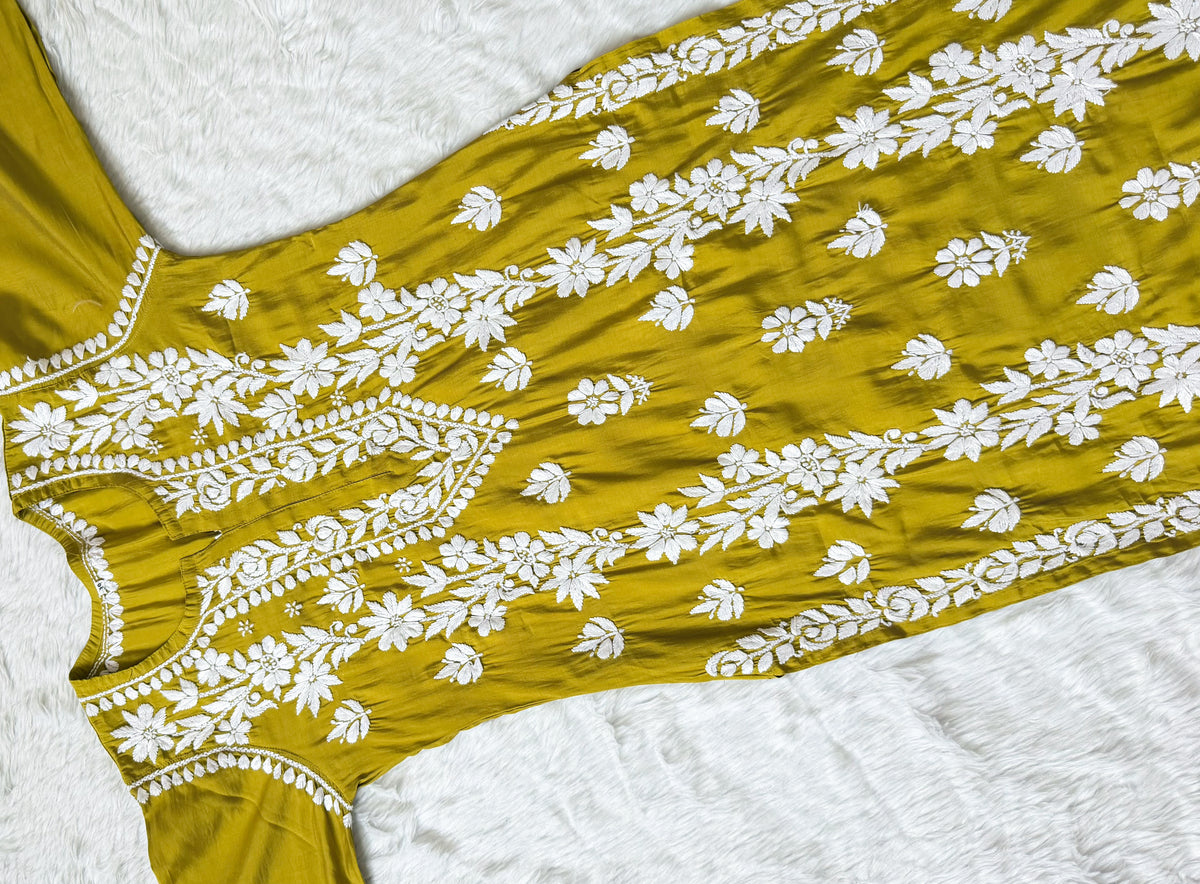 Noor Lime Chanderi Chikankari Long Kurti