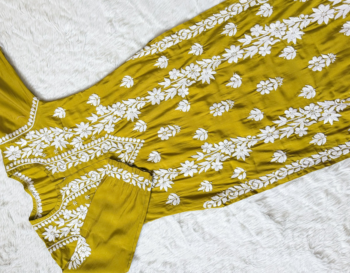 Noor Lime Chanderi Chikankari Long Kurti