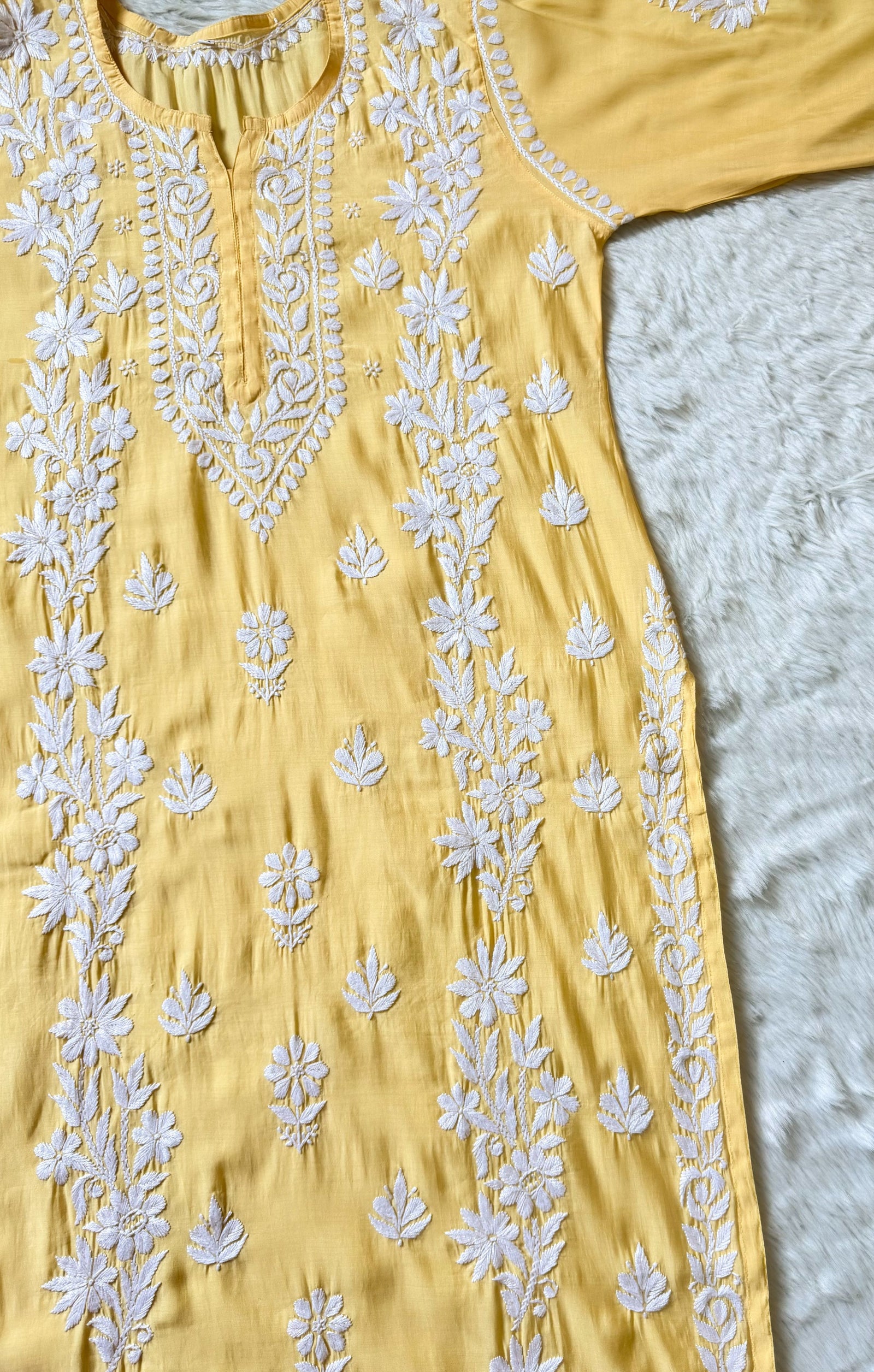 Noor Pastel Yellow Chanderi Chikankari Long Kurti