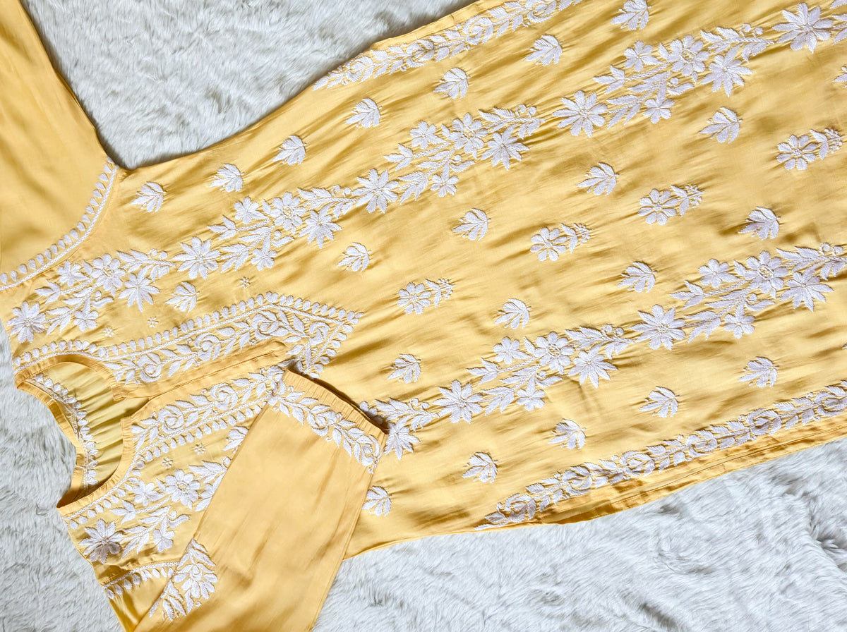 Noor Pastel Yellow Chanderi Chikankari Long Kurti