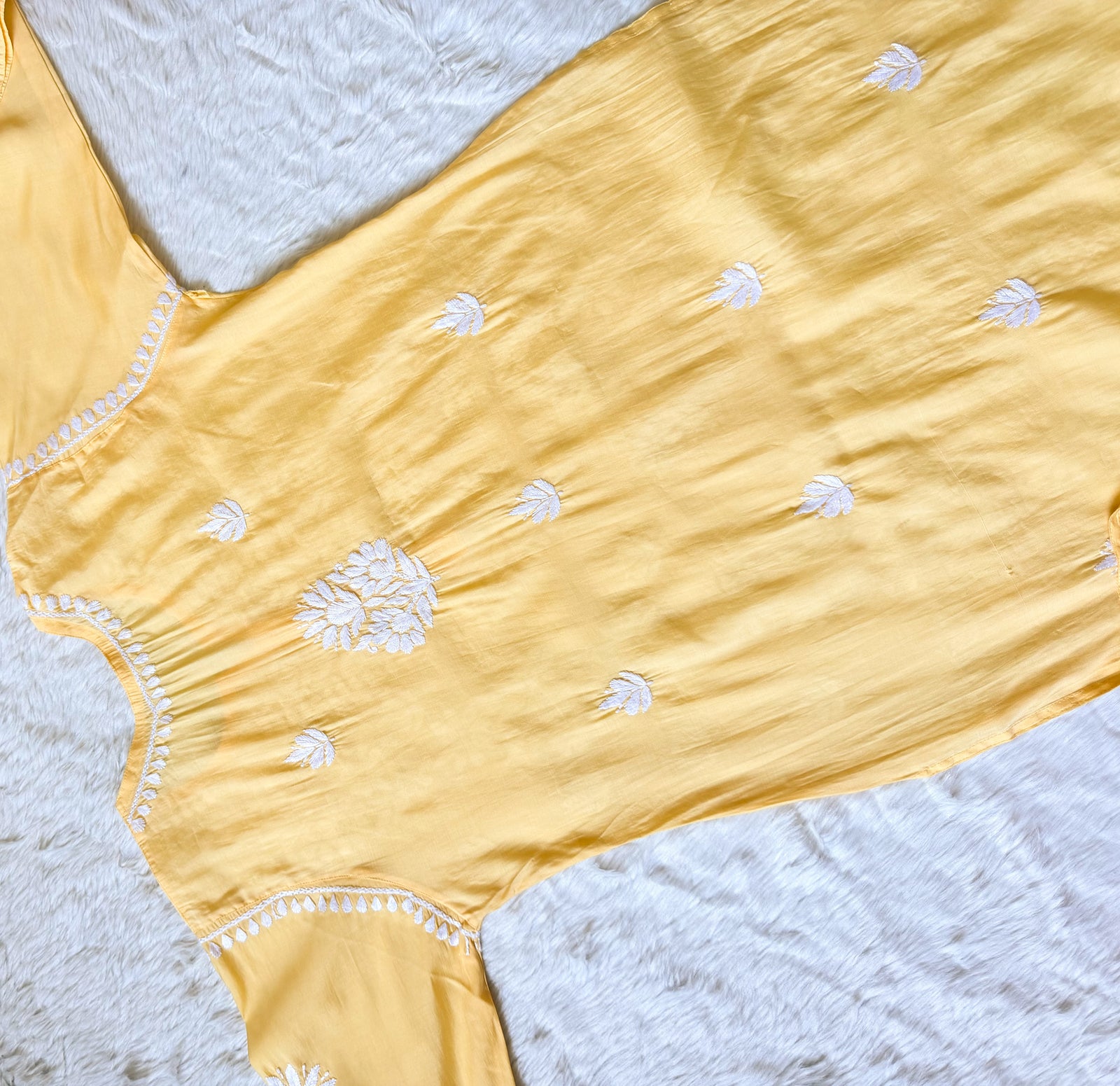 Noor Pastel Yellow Chanderi Chikankari Long Kurti