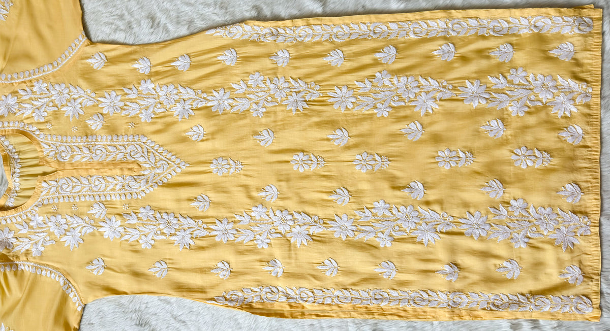Noor Pastel Yellow Chanderi Chikankari Long Kurti