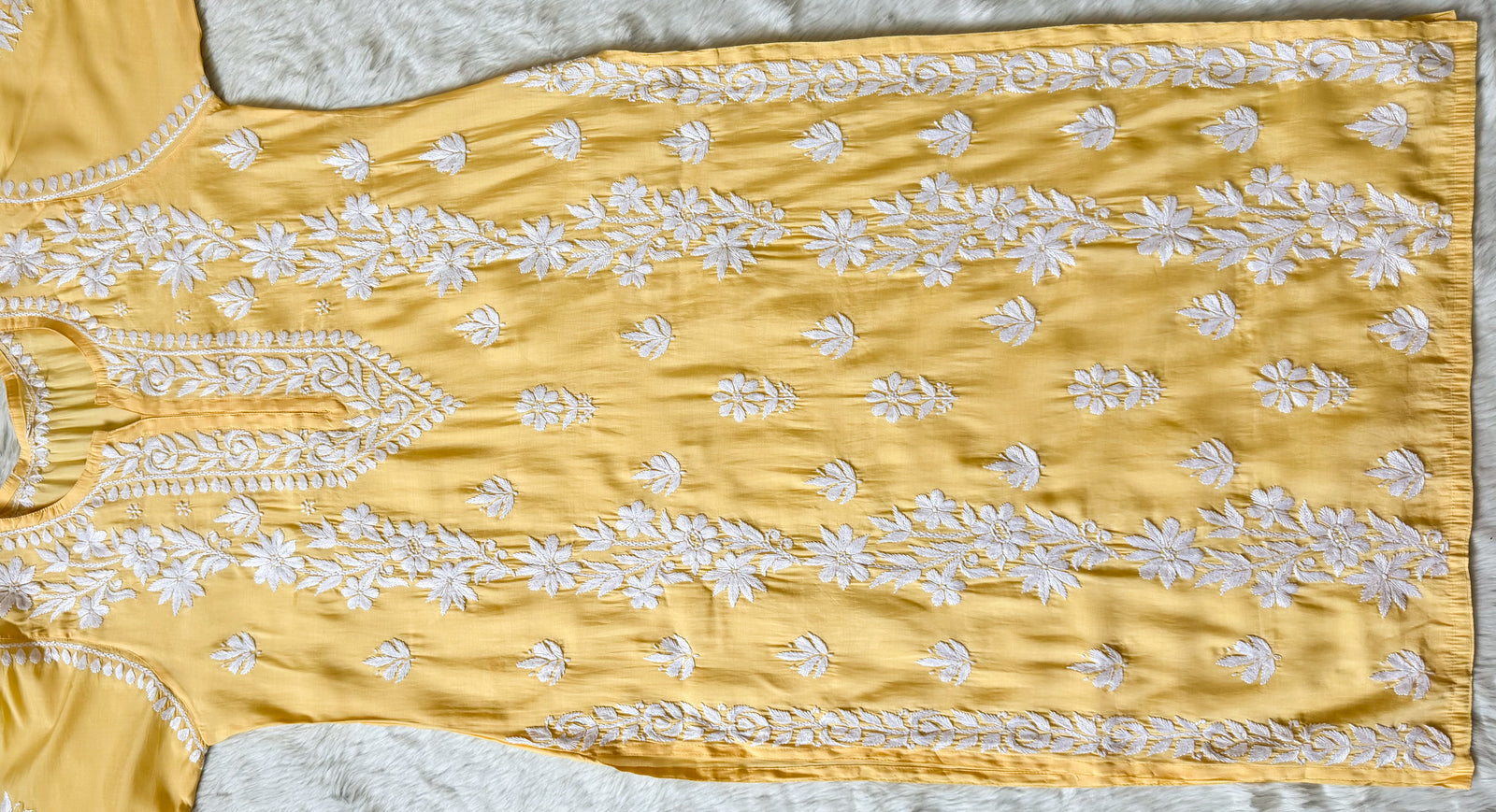 Noor Pastel Yellow Chanderi Chikankari Long Kurti