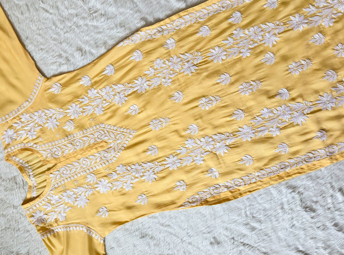 Noor Pastel Yellow Chanderi Chikankari Long Kurti