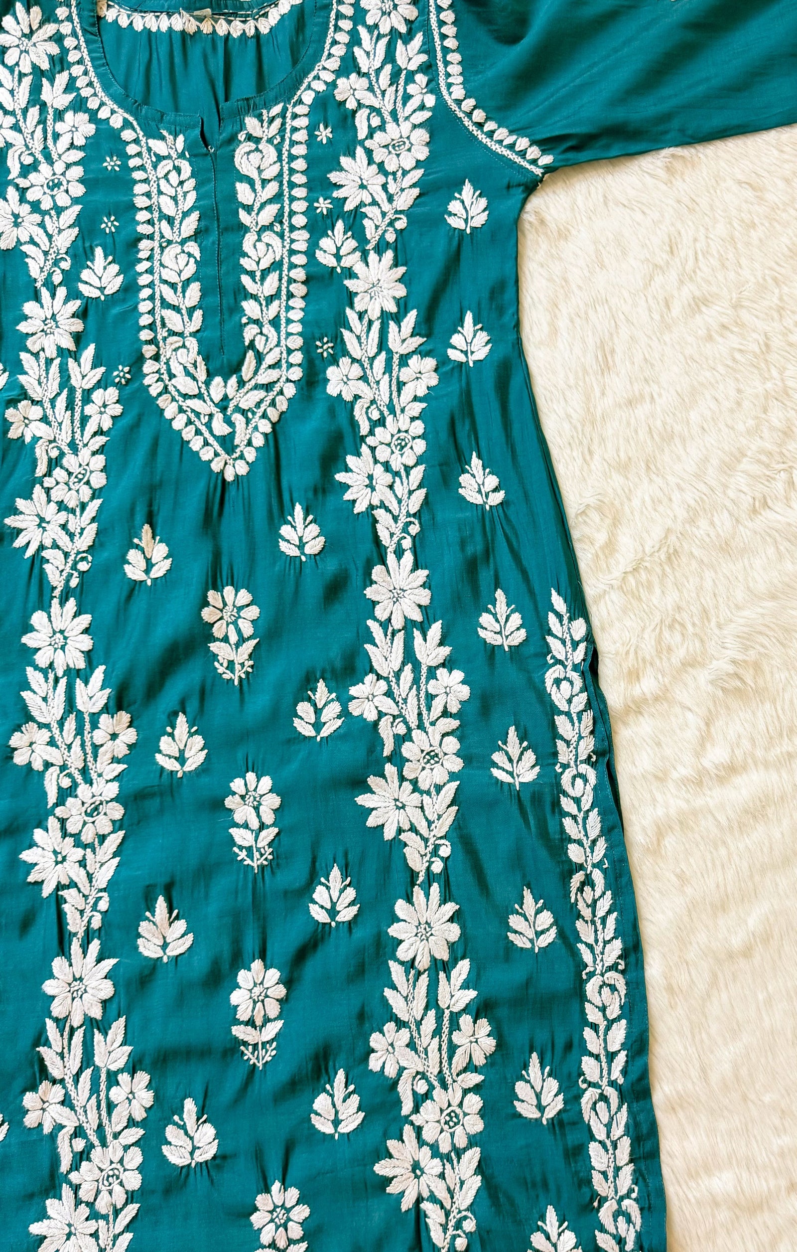 Noor Peacock Blue Chanderi Chikankari Long Kurti