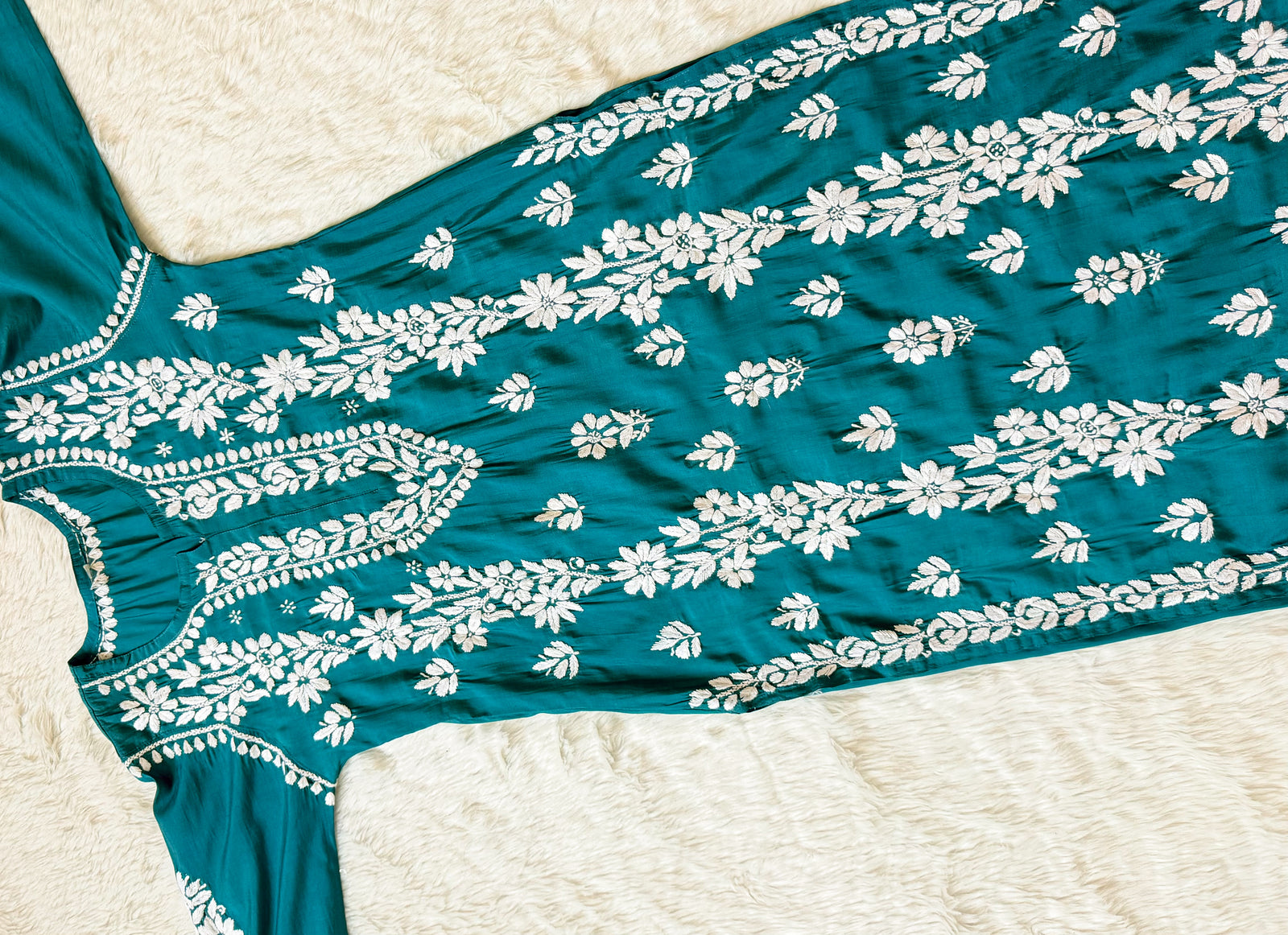 Noor Peacock Blue Chanderi Chikankari Long Kurti