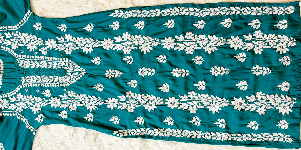 Noor Peacock Blue Chanderi Chikankari Long Kurti