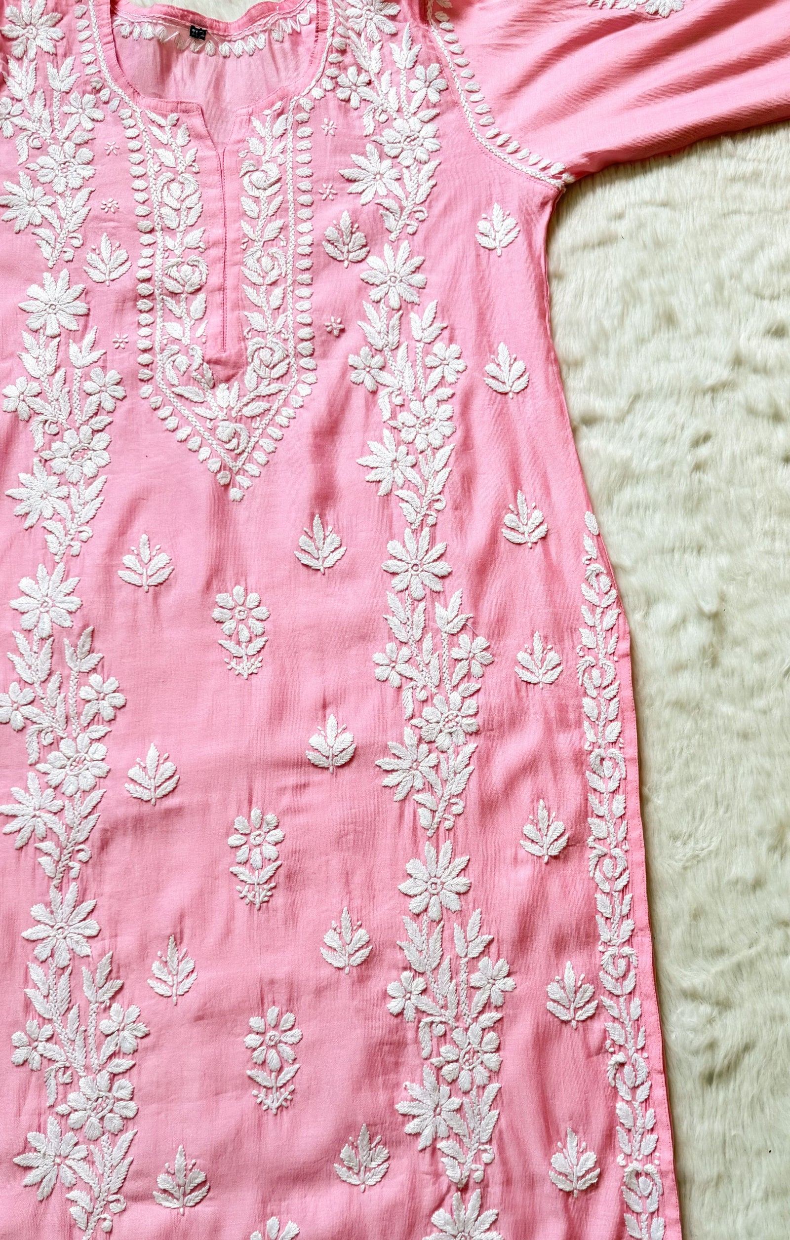 Noor Pink Chanderi Chikankari Long Kurti