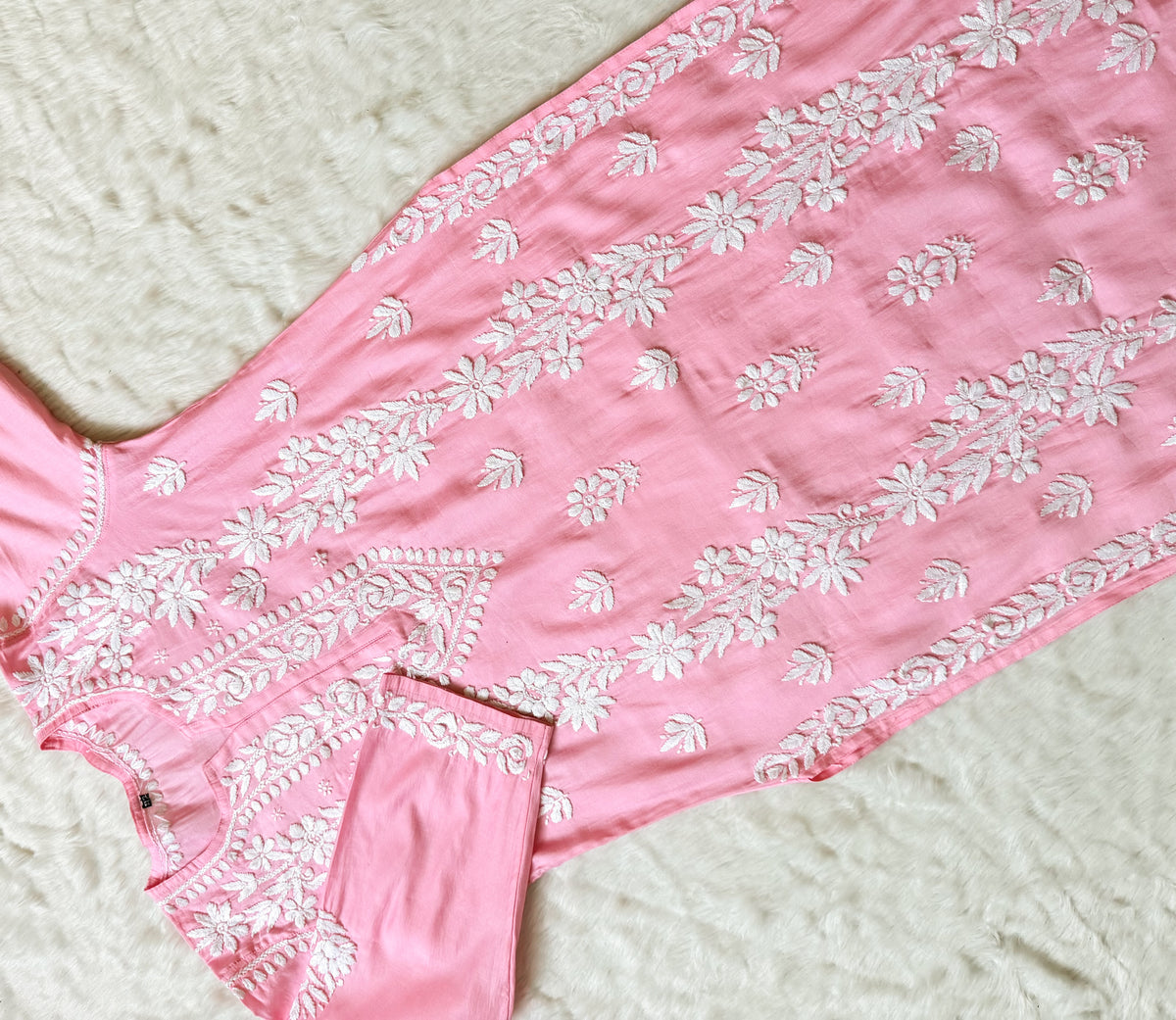Noor Pink Chanderi Chikankari Long Kurti