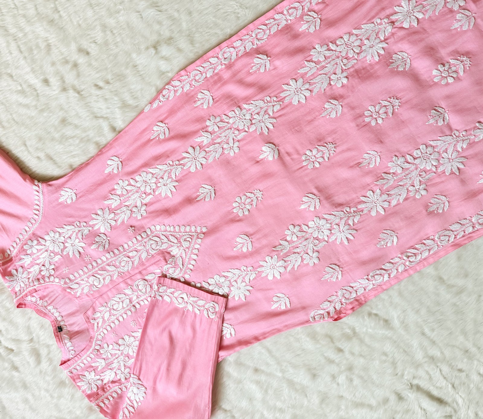 Noor Pink Chanderi Chikankari Long Kurti