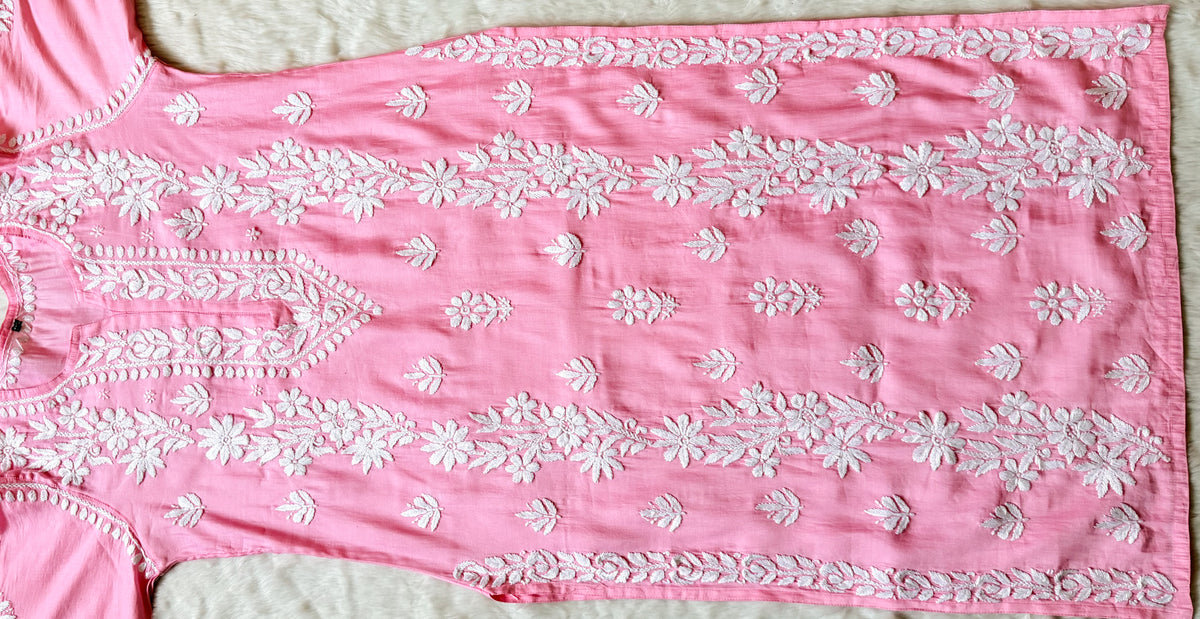 Noor Pink Chanderi Chikankari Long Kurti