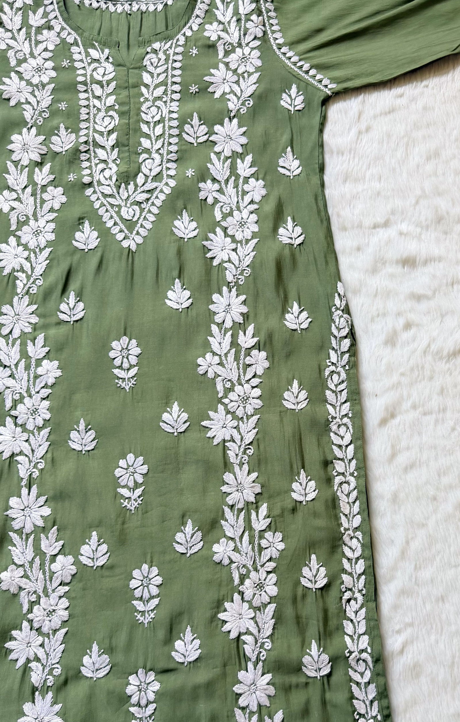 Noor Sage Green Chanderi Chikankari Long Kurti