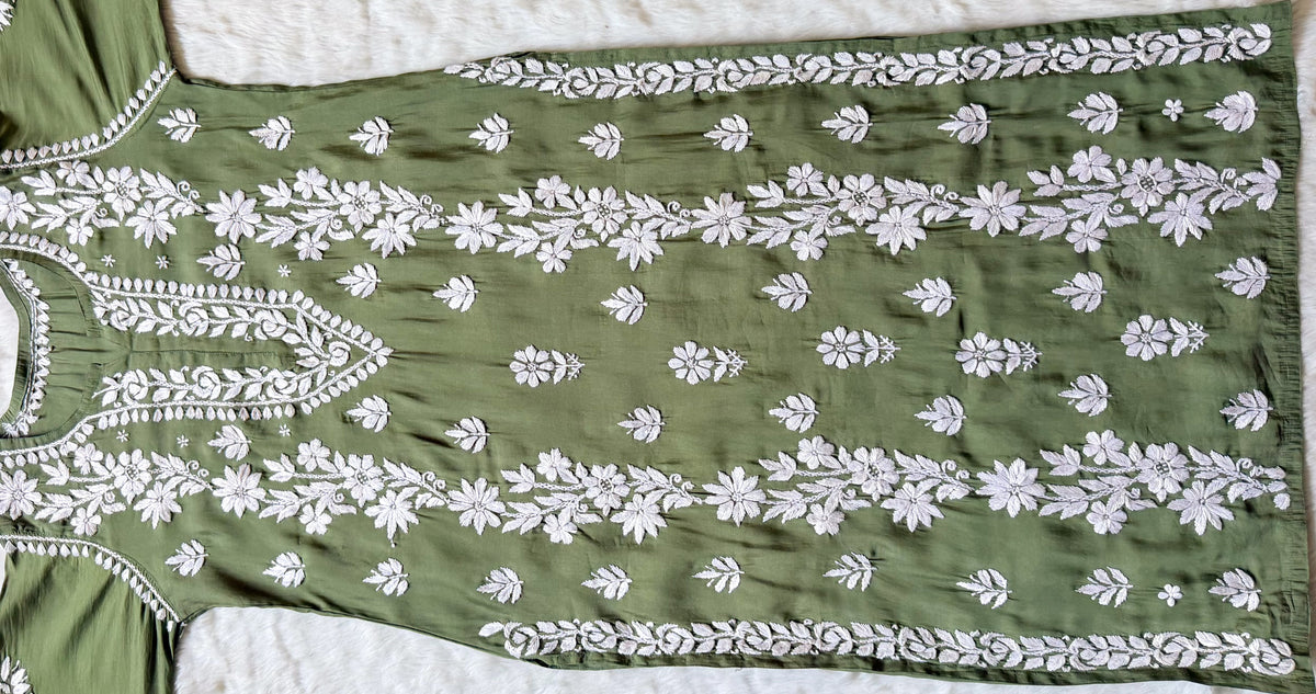 Noor Sage Green Chanderi Chikankari Long Kurti