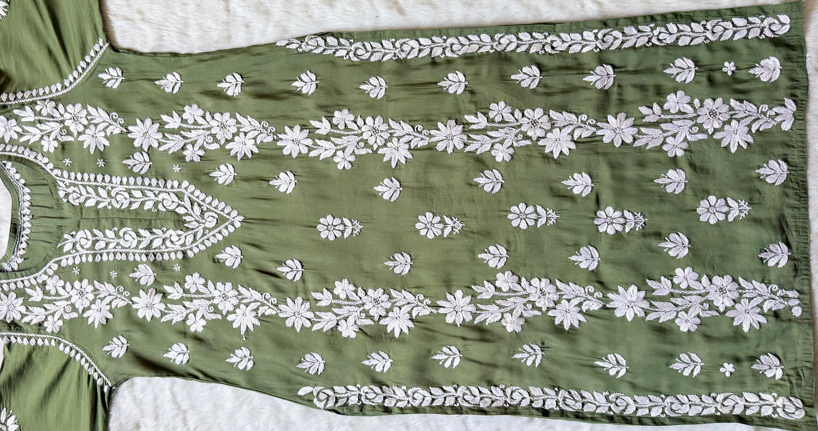 Noor Sage Green Chanderi Chikankari Long Kurti