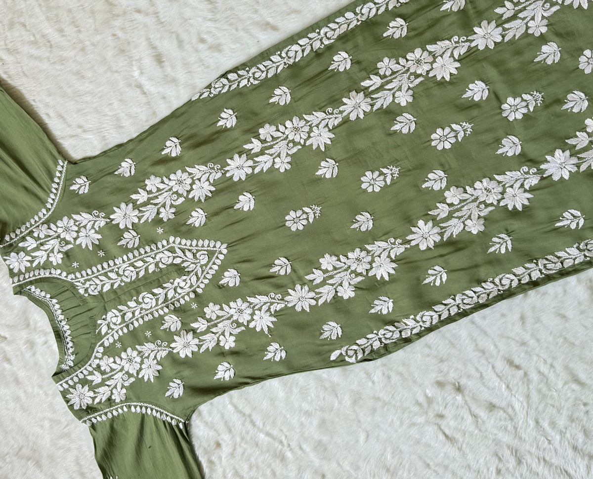 Noor Sage Green Chanderi Chikankari Long Kurti