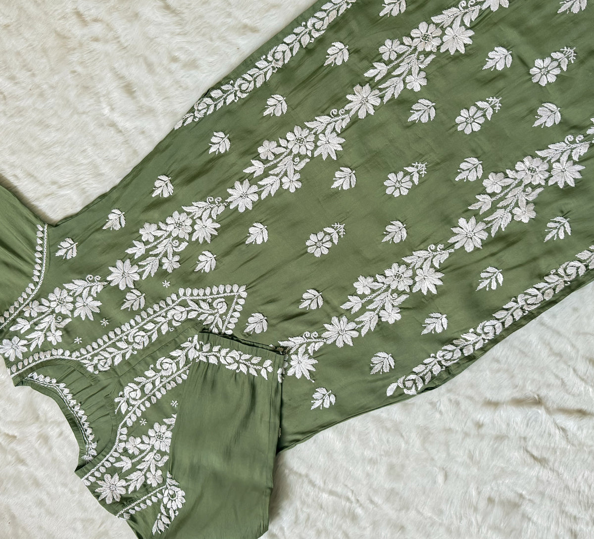 Noor Sage Green Chanderi Chikankari Long Kurti