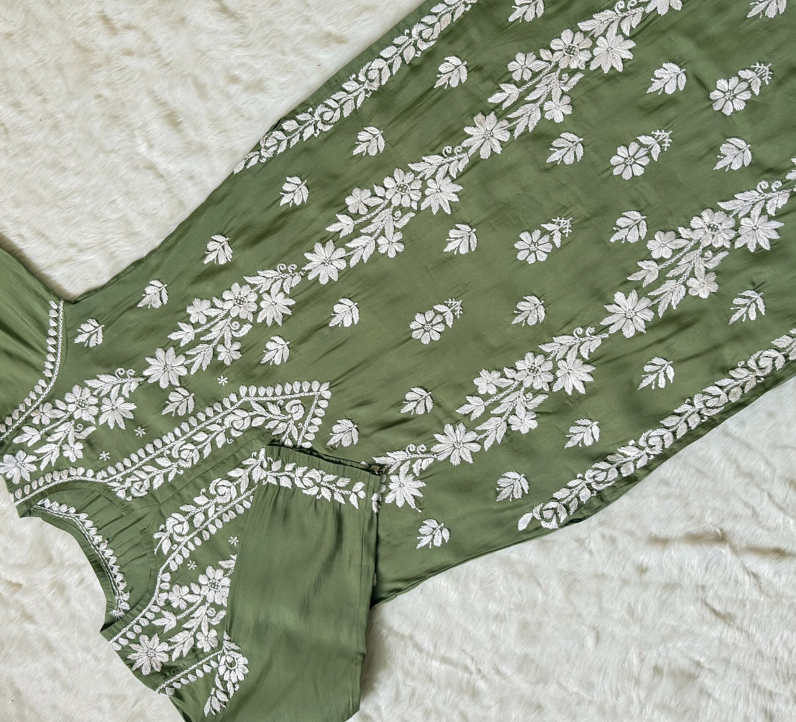 Noor Sage Green Chanderi Chikankari Long Kurti