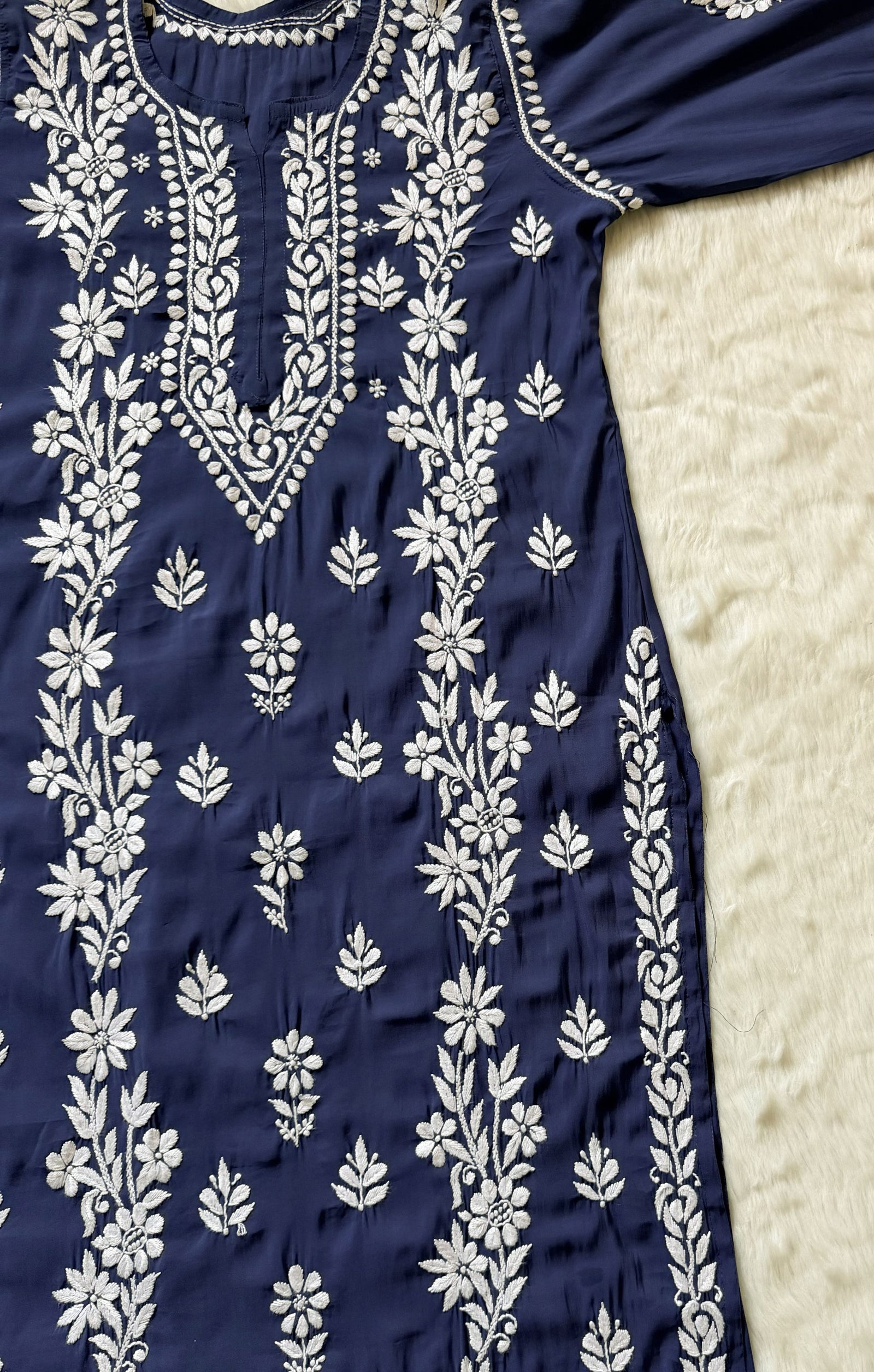Noor Steel Blue Chanderi Chikankari Long Kurti
