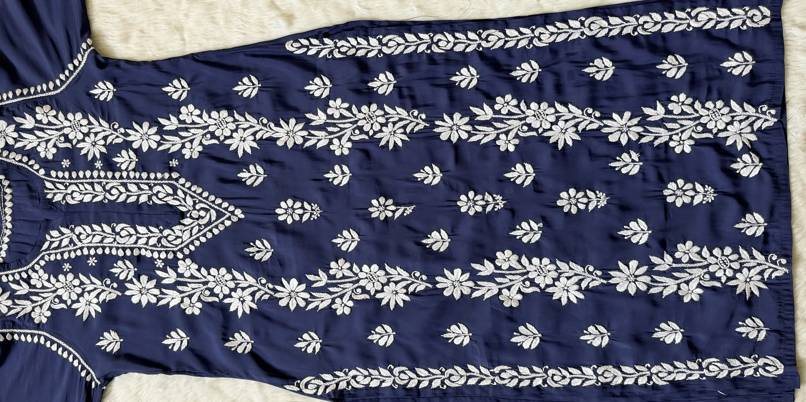 Noor Steel Blue Chanderi Chikankari Long Kurti