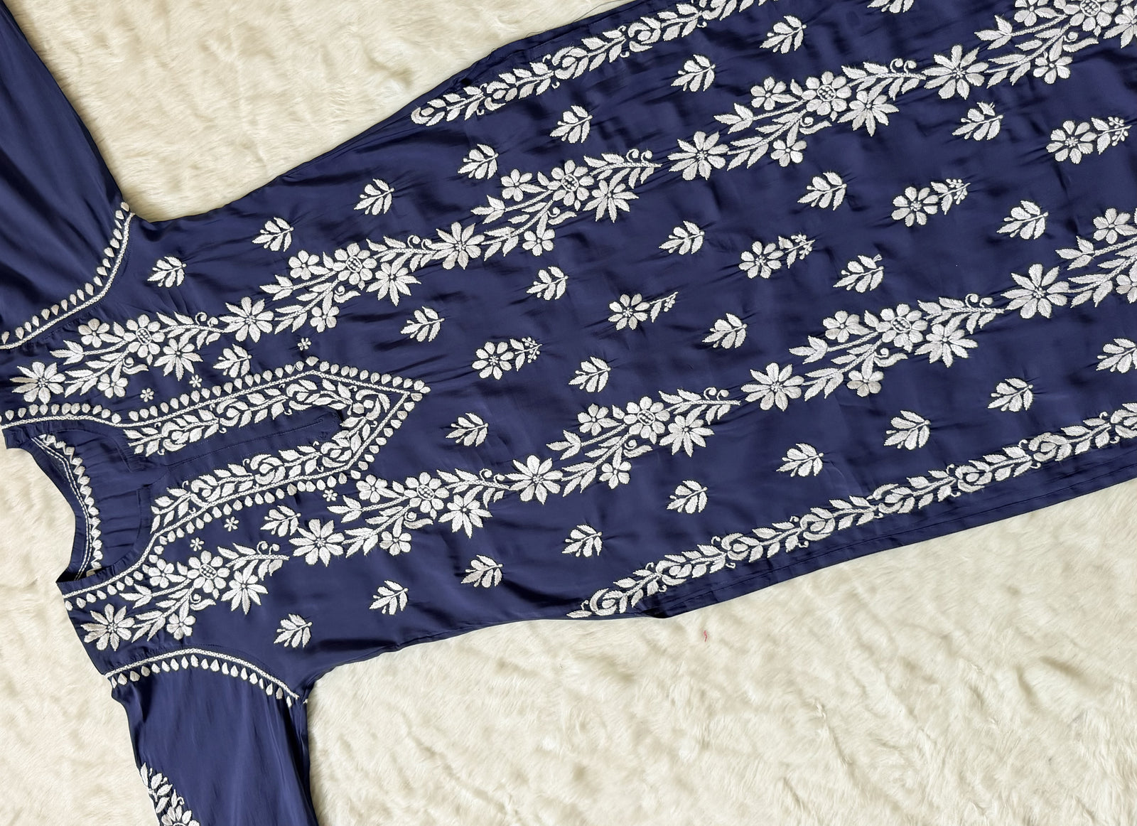 Noor Steel Blue Chanderi Chikankari Long Kurti
