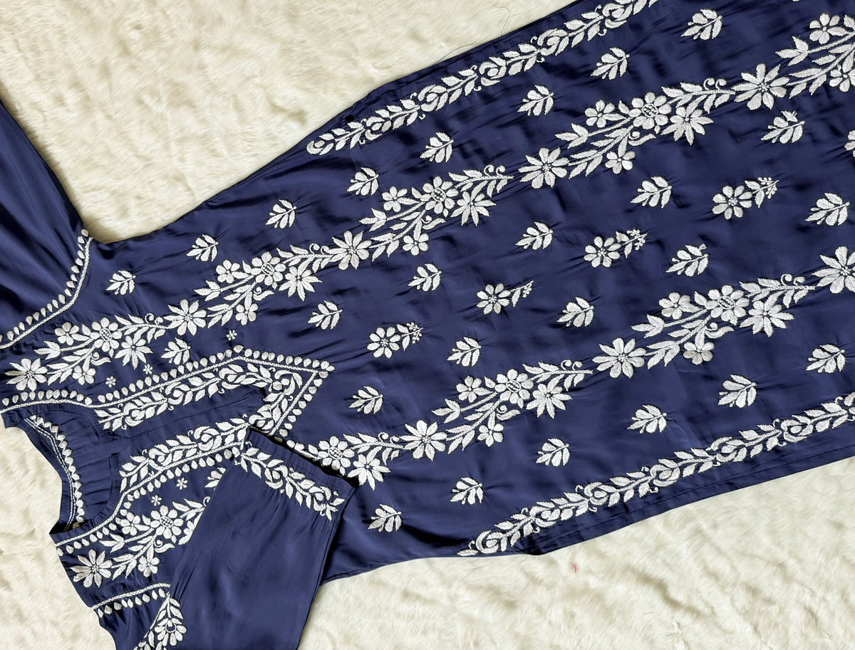 Noor Steel Blue Chanderi Chikankari Long Kurti