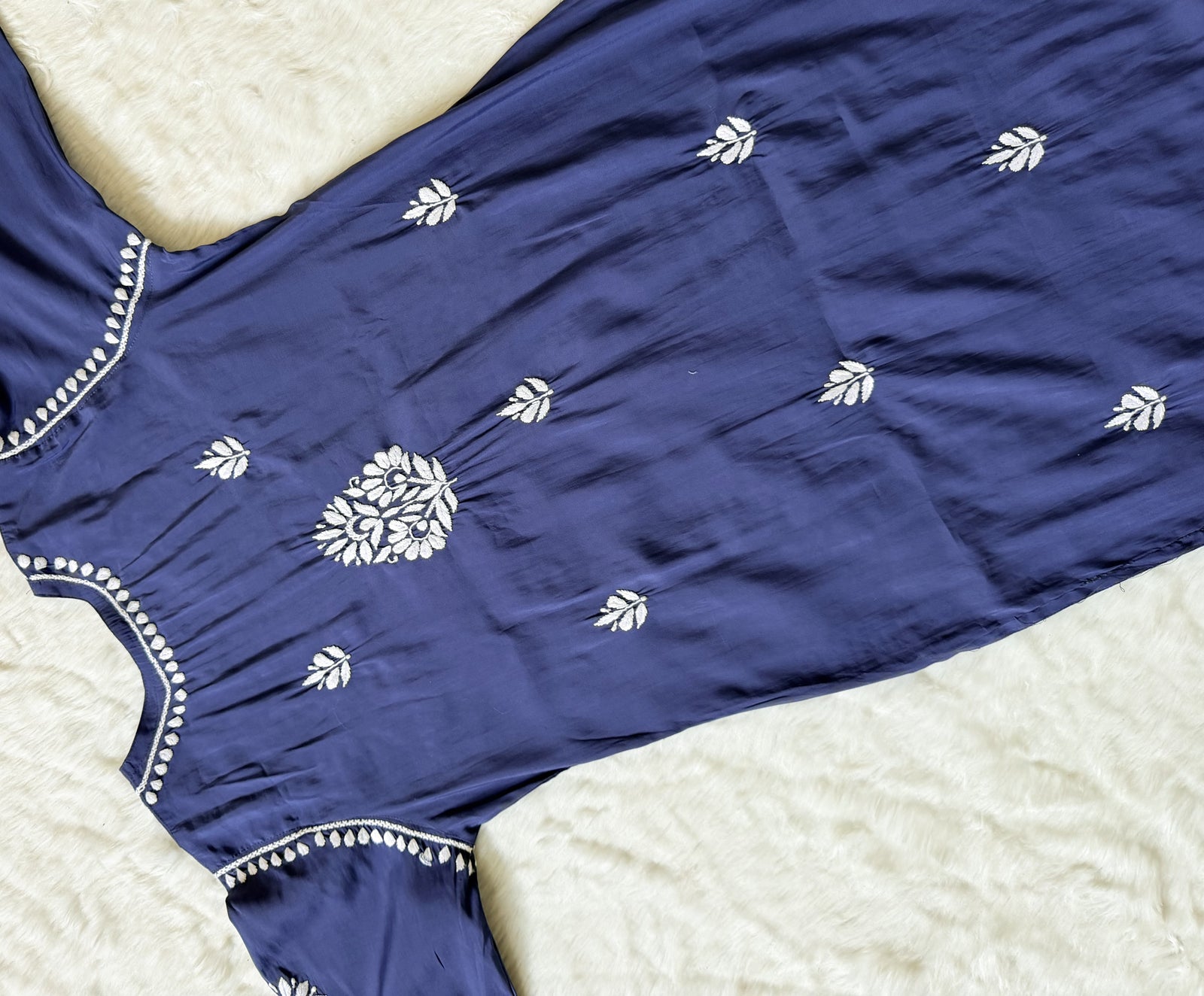 Noor Steel Blue Chanderi Chikankari Long Kurti