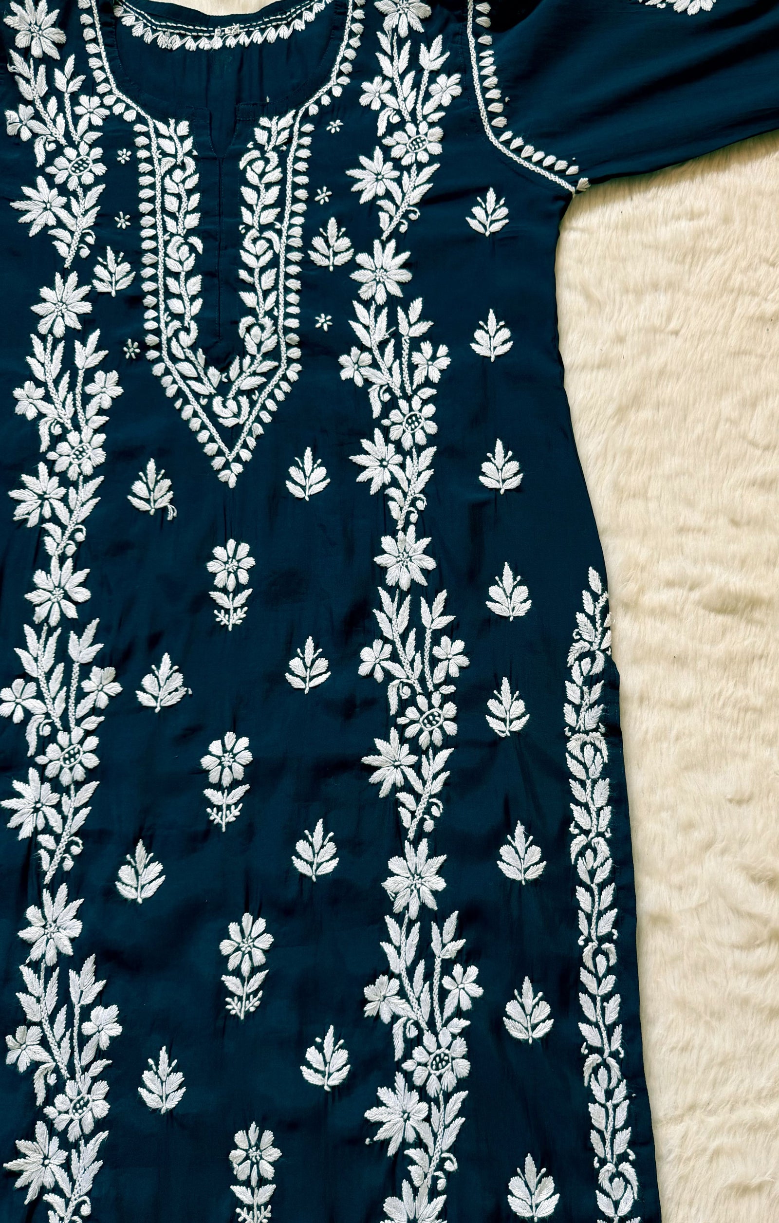 Noor Teal Chanderi Chikankari Long Kurti