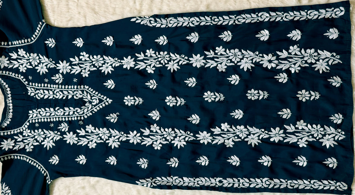 Noor Teal Chanderi Chikankari Long Kurti