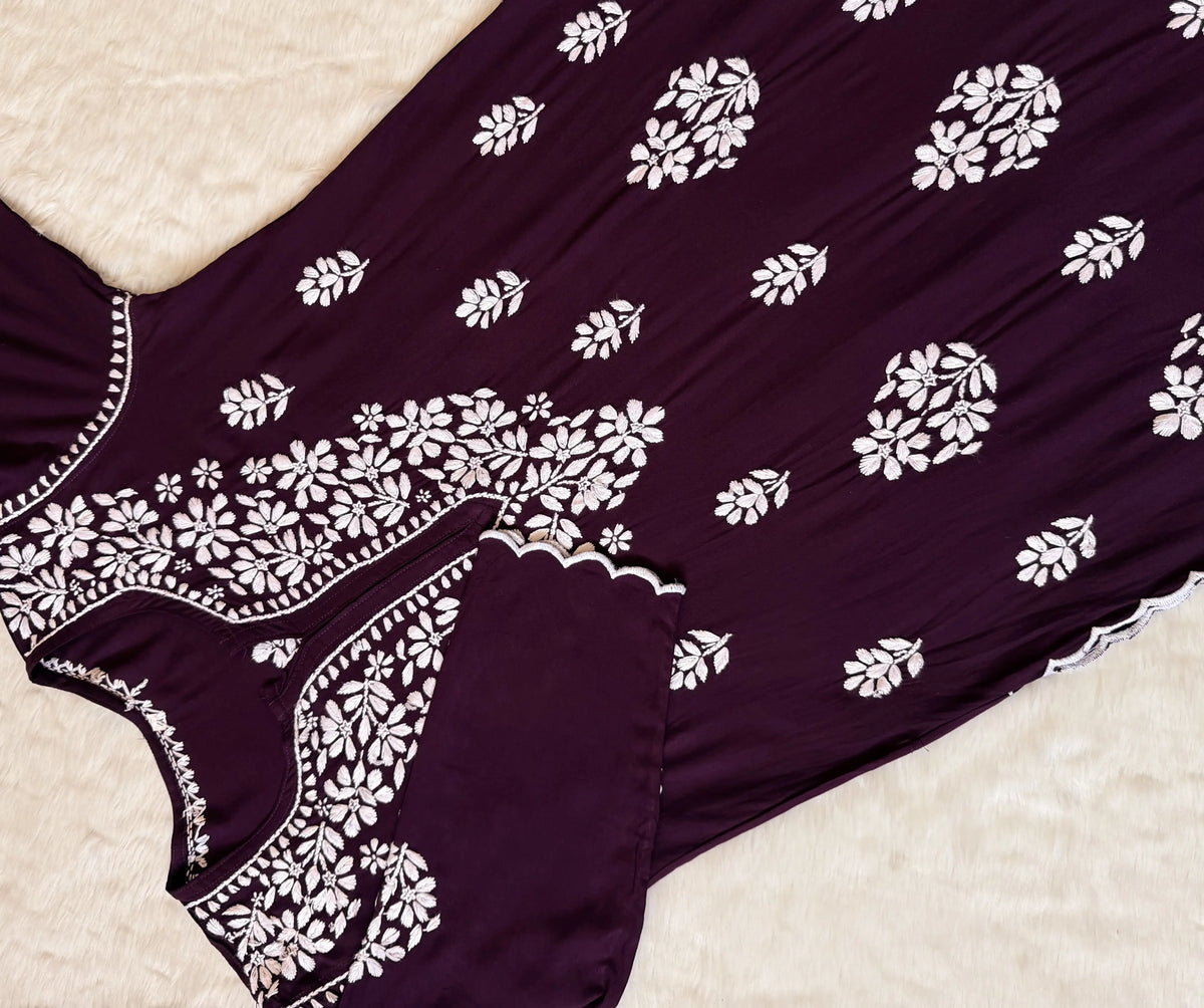 Nyra Dark Purple Rayon Kurta Bottom Set with White Chikankari
