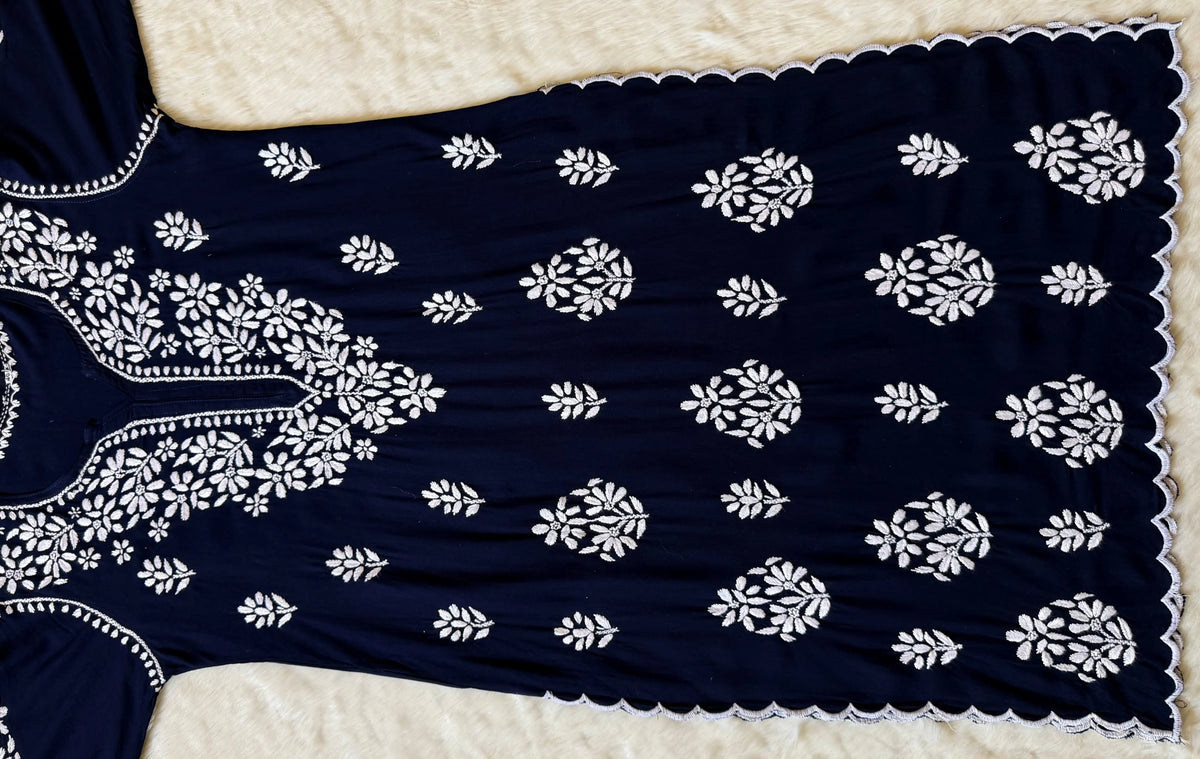 Nyra Navy Blue Rayon Kurta Bottom Set with White Chikankari