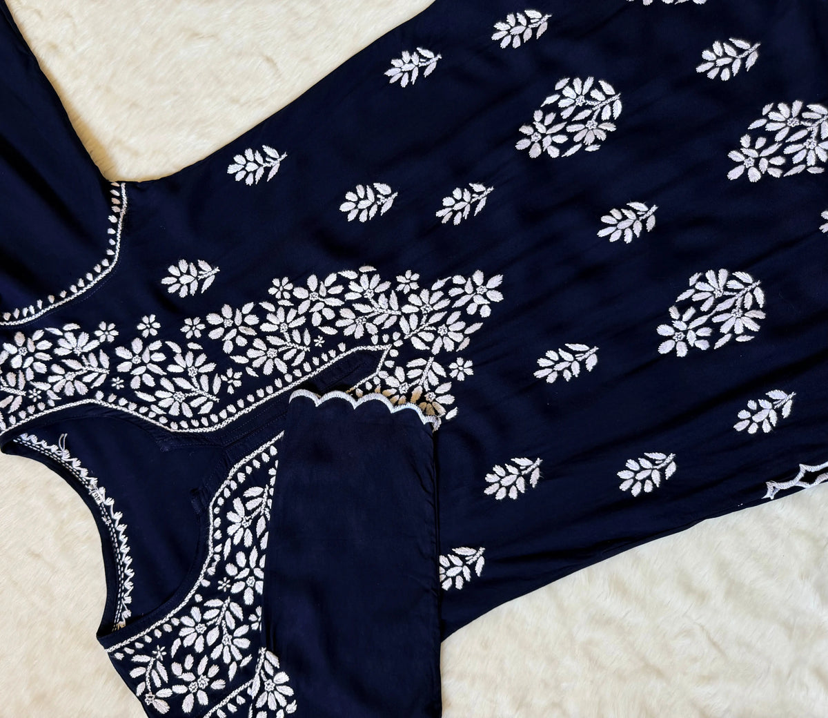 Nyra Navy Blue Rayon Kurta Bottom Set with White Chikankari