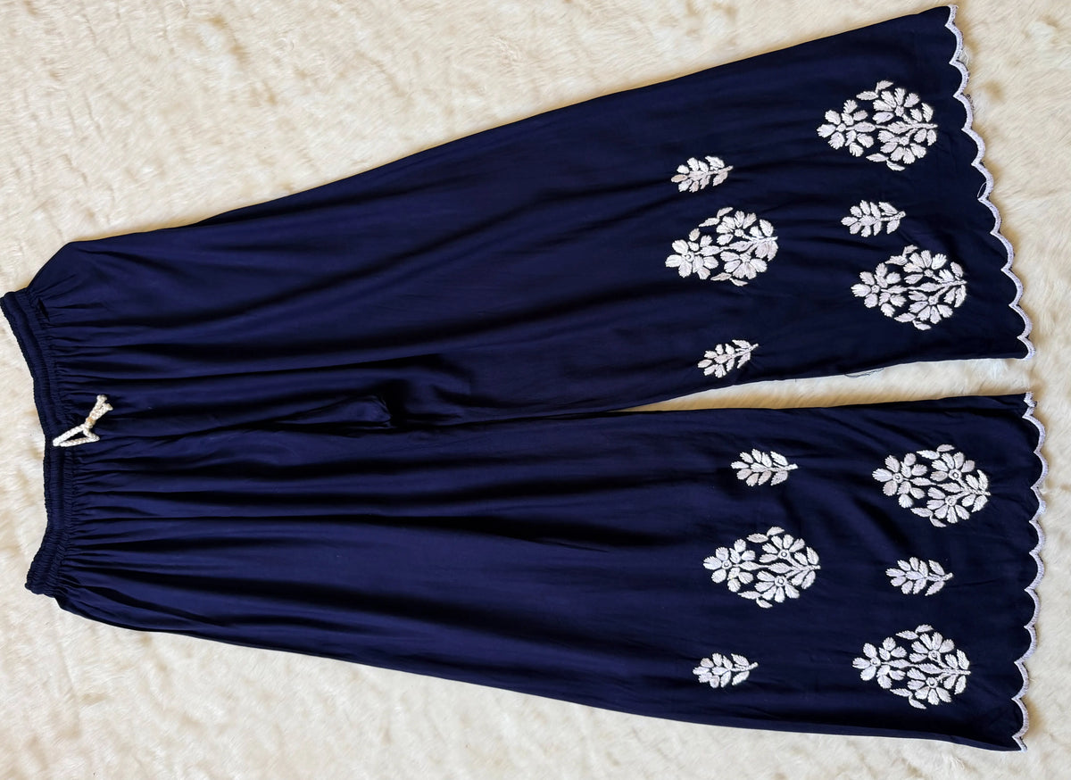 Nyra Navy Blue Rayon Kurta Bottom Set with White Chikankari