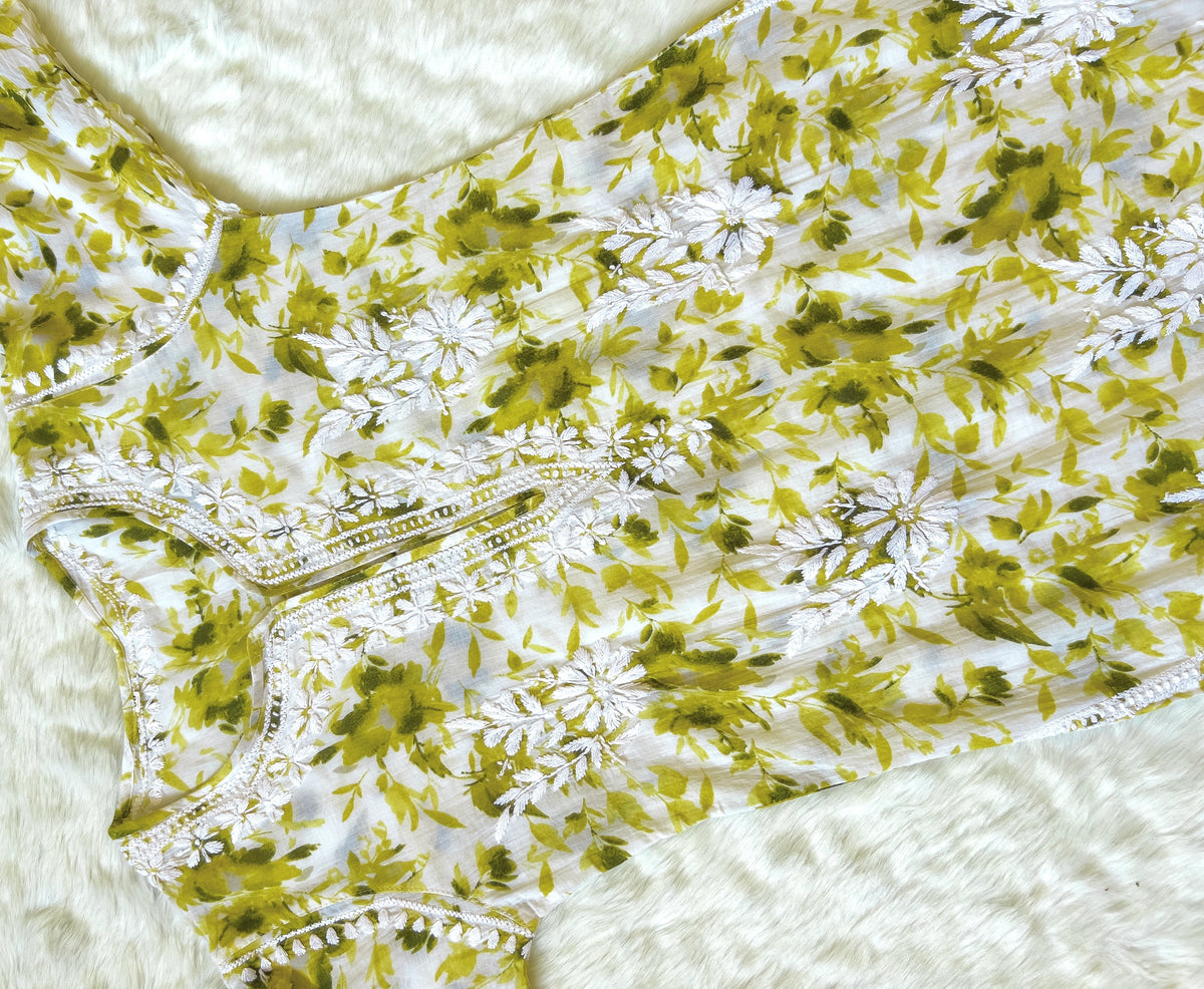 Olive Green Printed MulMul Kurta with Heavy Chikankari