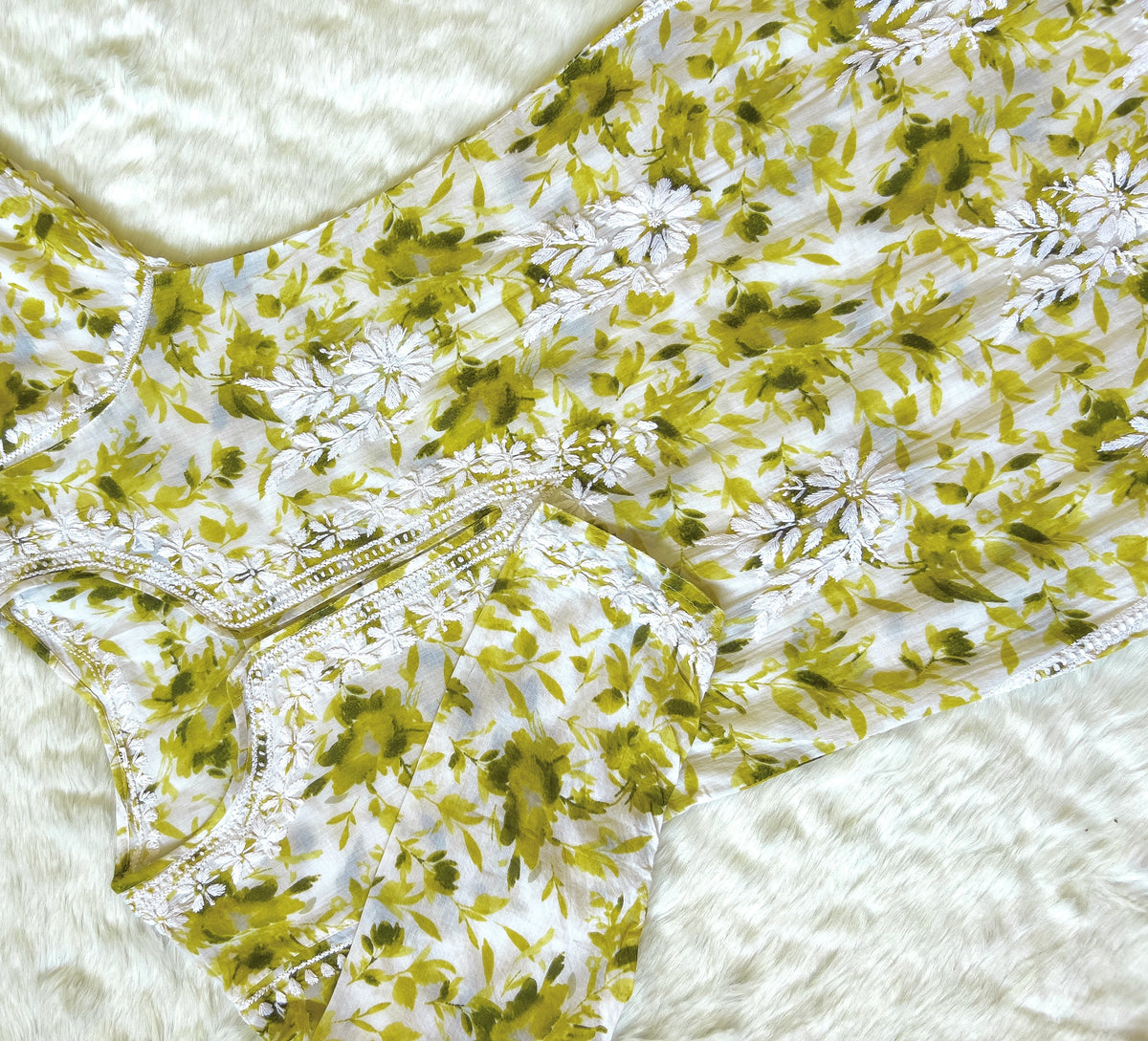 Olive Green Printed MulMul Kurta with Heavy Chikankari