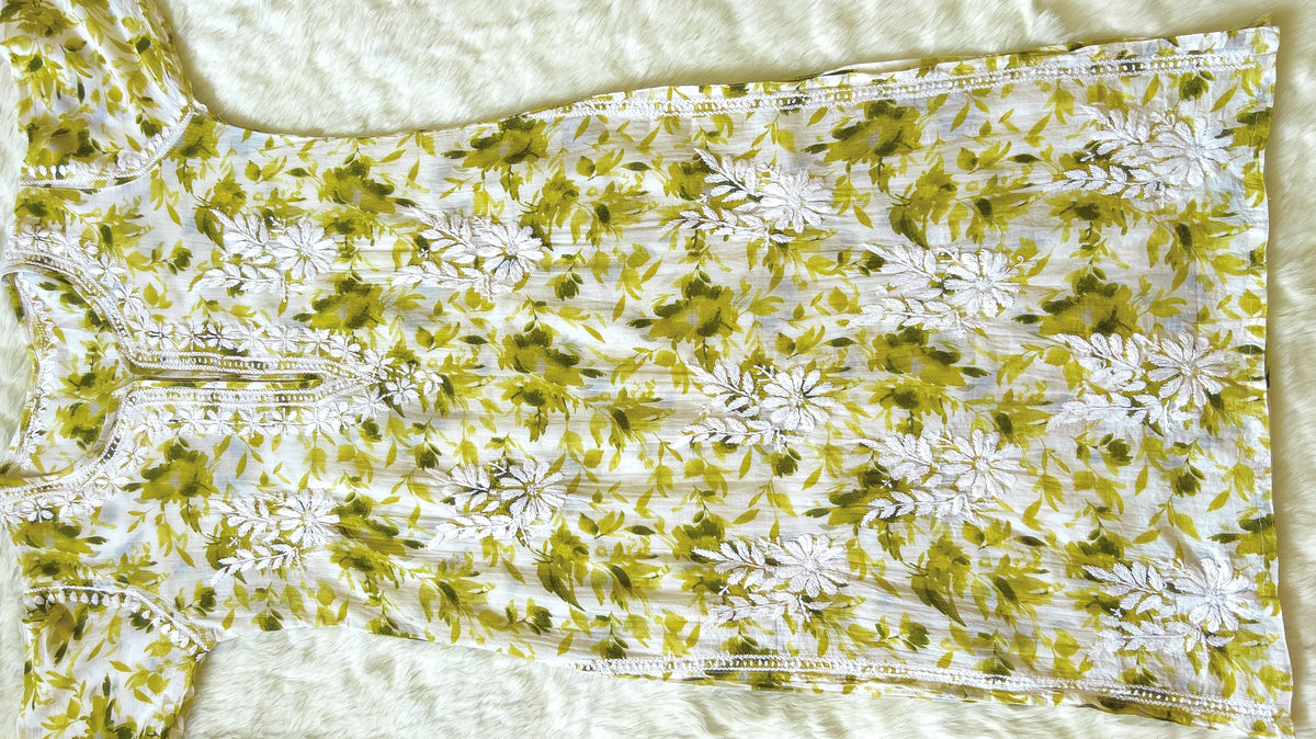Olive Green Printed MulMul Kurta with Heavy Chikankari