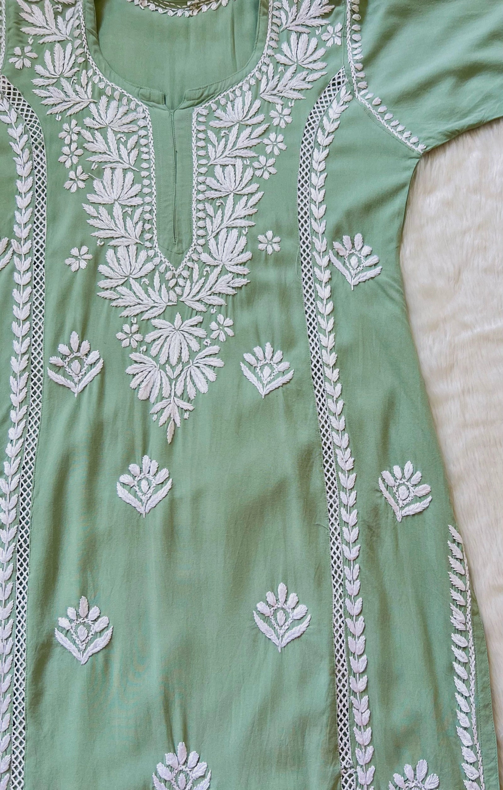 Pastel Green Long Lace Rayon Chikankari Kurta