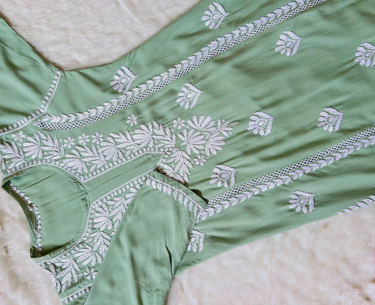 Pastel Green Long Lace Rayon Chikankari Kurta
