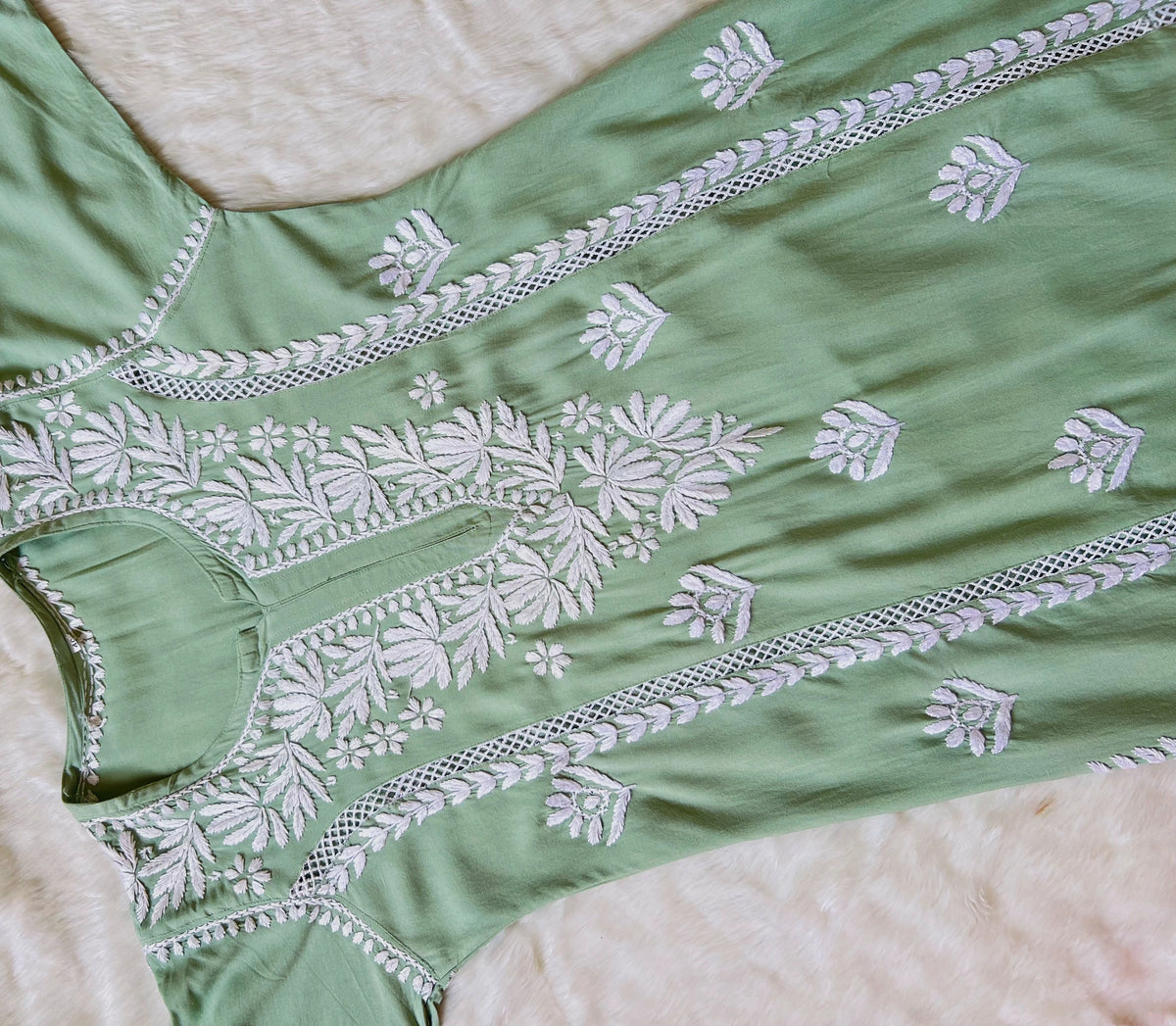 Pastel Green Long Lace Rayon Chikankari Kurta