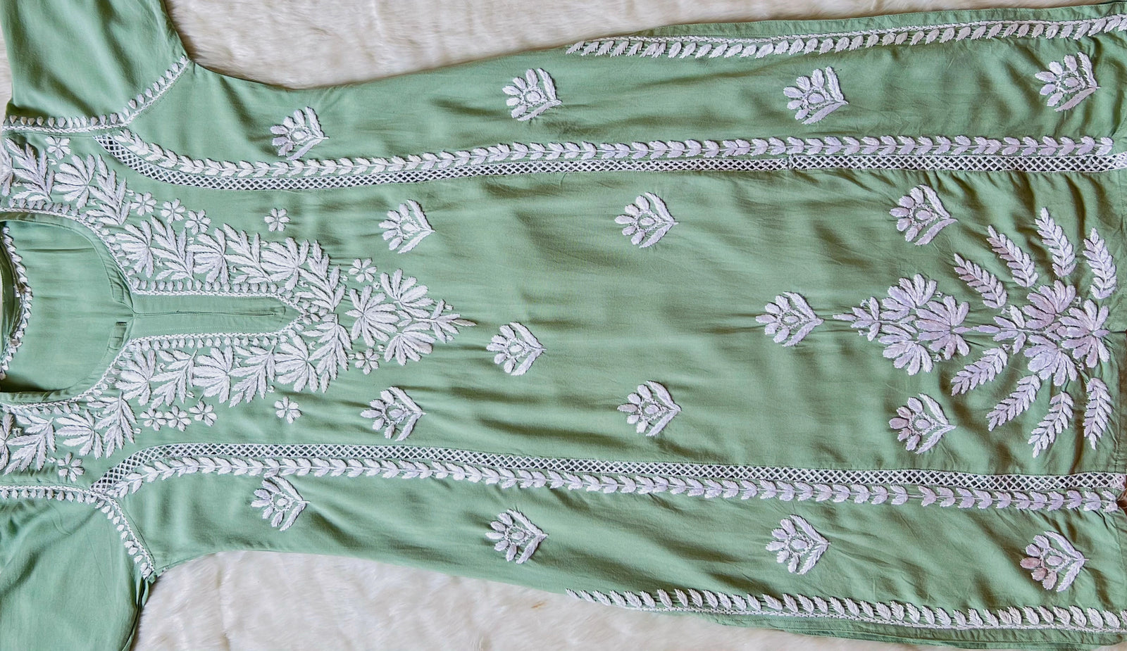 Pastel Green Long Lace Rayon Chikankari Kurta