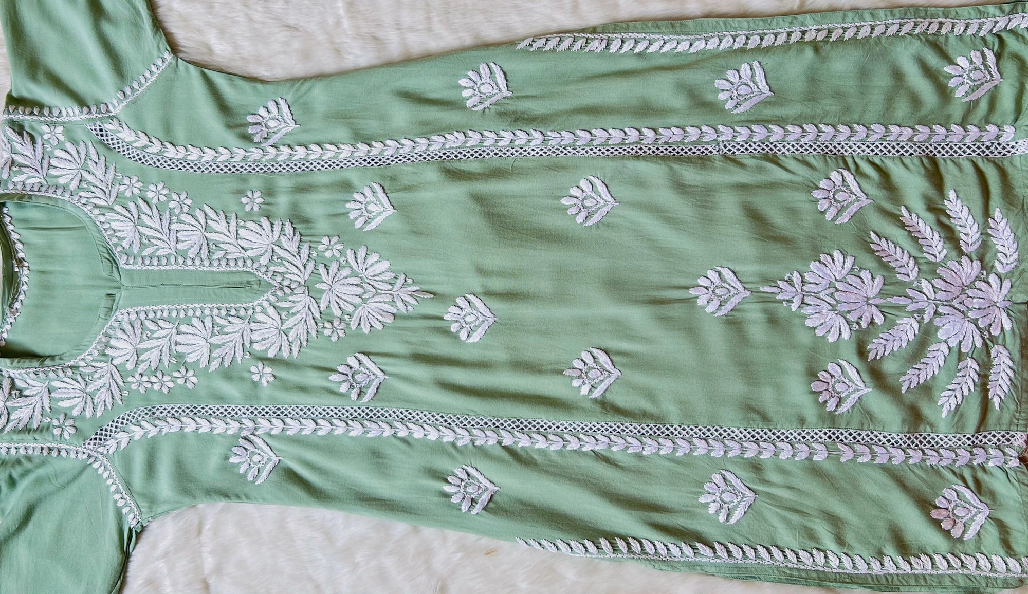 Pastel Green Long Lace Rayon Chikankari Kurta