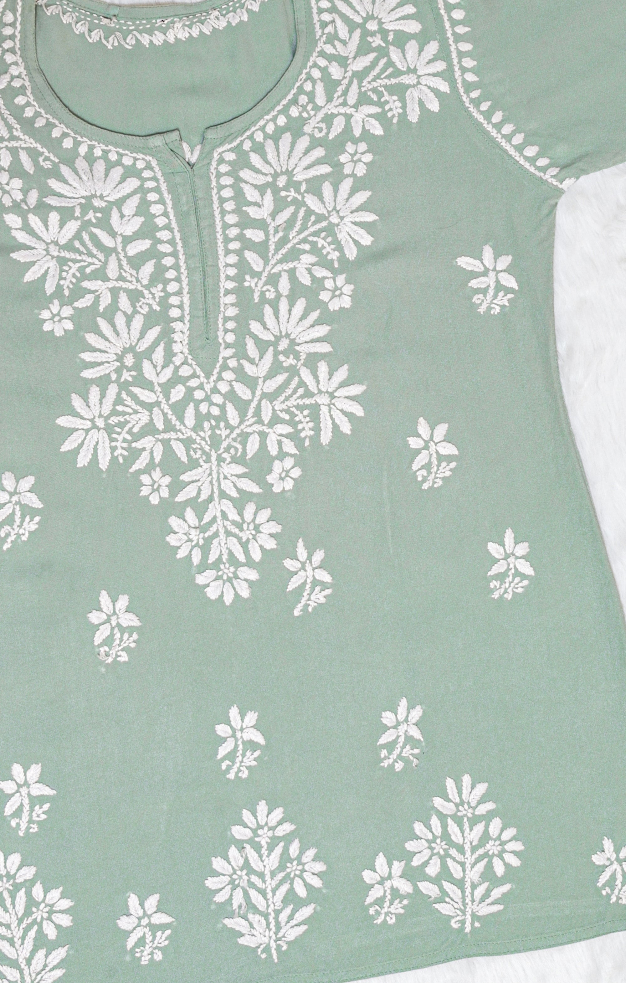 Pastel Green Short Rayon Chikankari Kurta