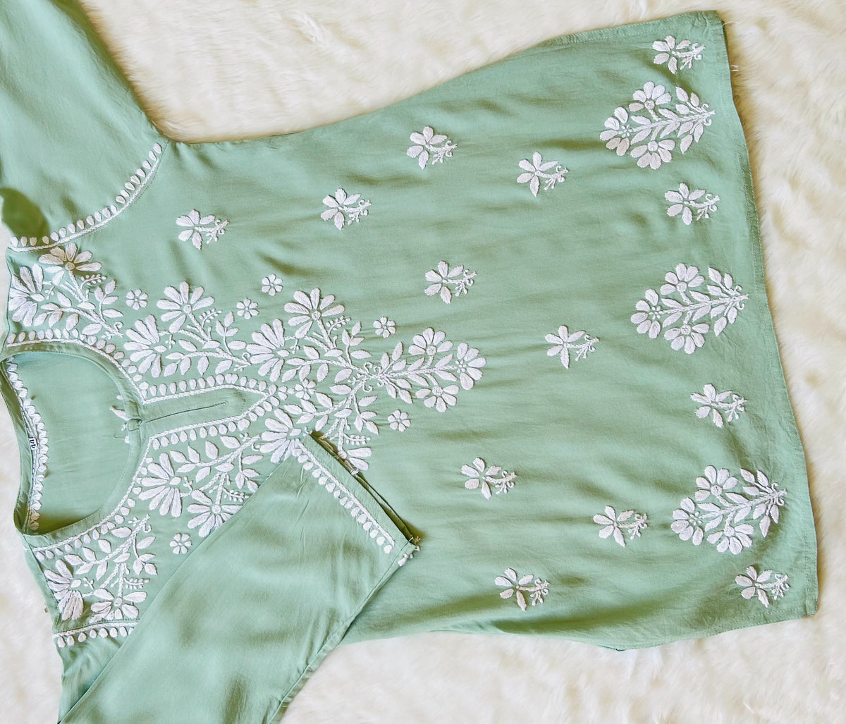 Pastel Green Short Rayon Kurta with White Chikankari