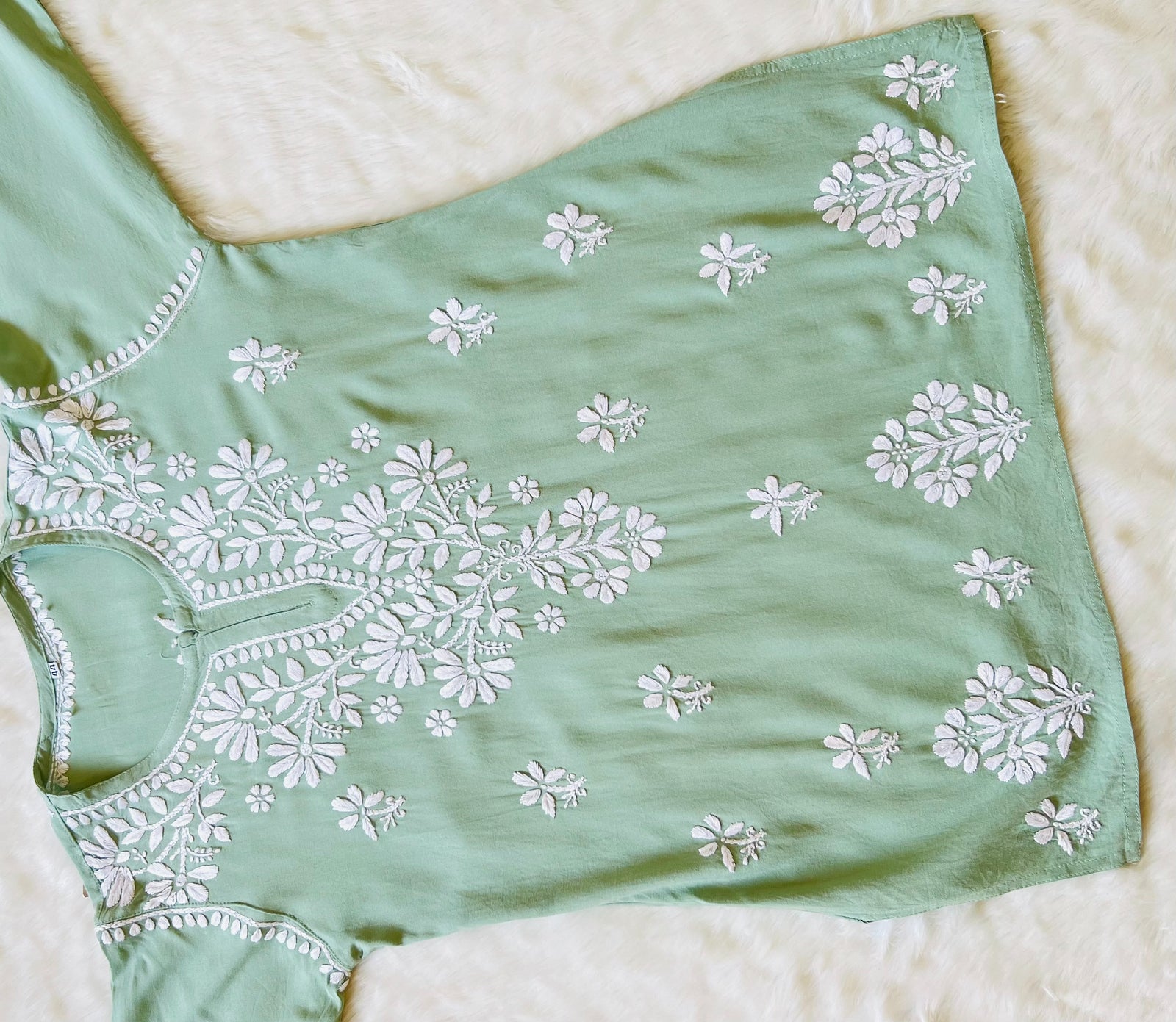 Pastel Green Short Rayon Kurta with White Chikankari