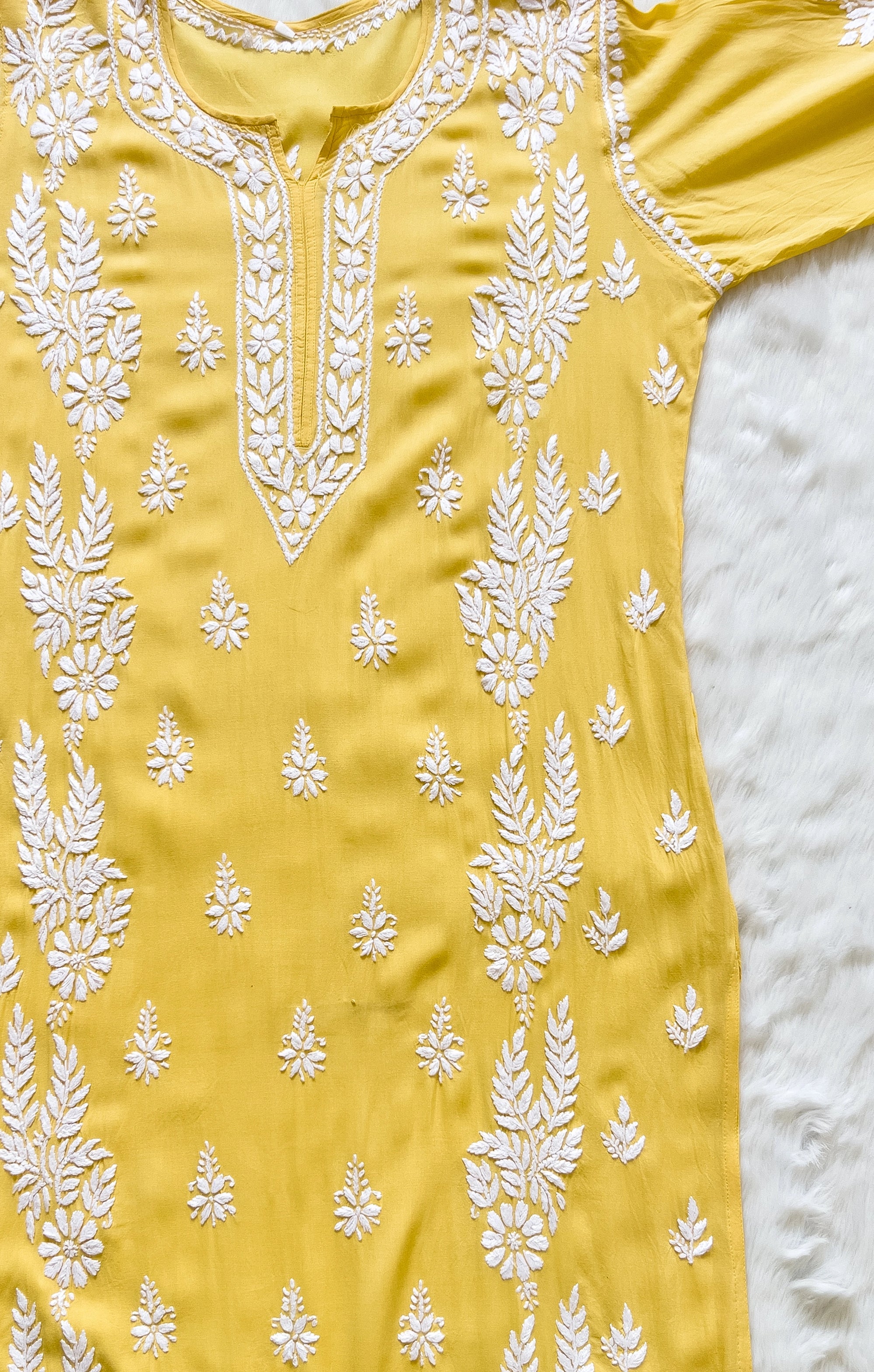 Pastel Yellow Long Modal Kurta with Double Side Chikankari Handwork