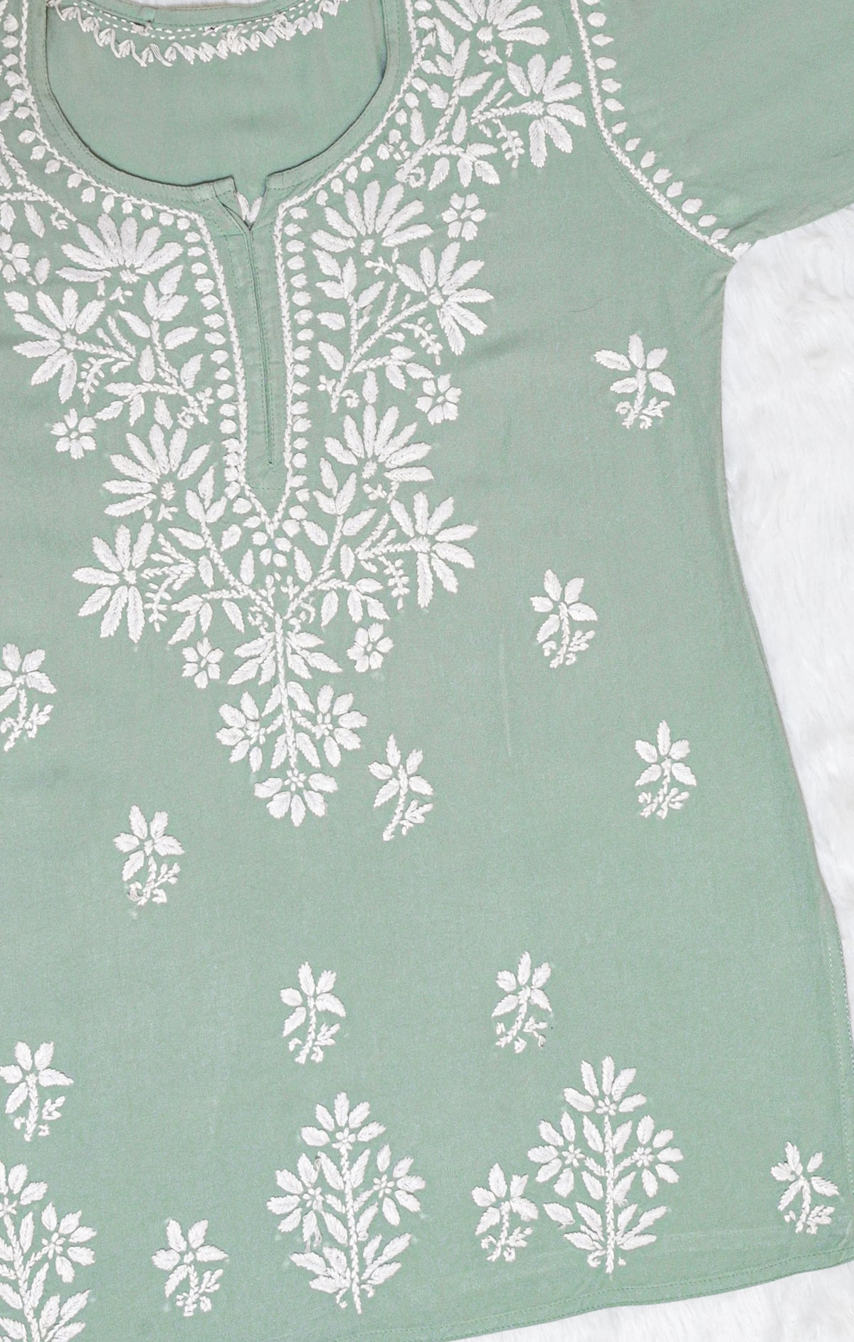 Pastel Green Short Rayon Kurta with White Chikankari