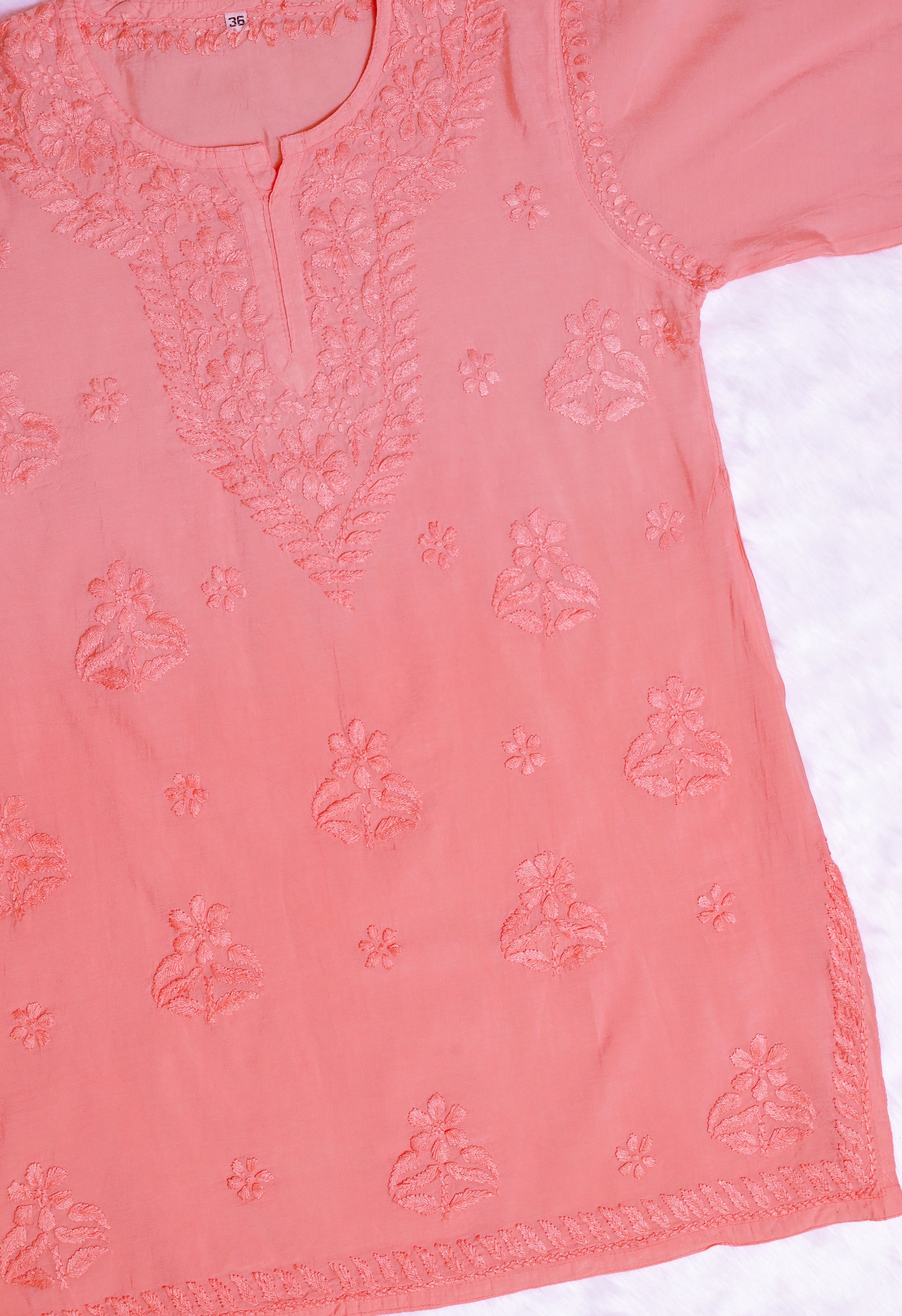 Peach Chanderi Short Chikankari Kurta